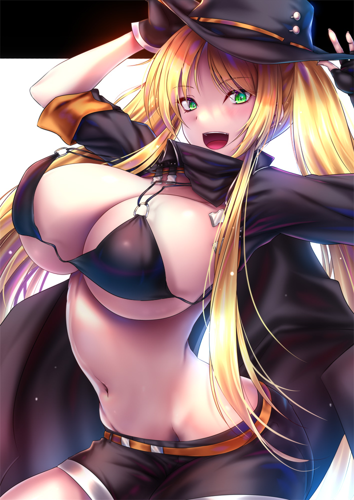 akeyama_kitsune arms_up azur_lane belt cheerful fingerless_gloves gigantic_breasts halloween halloween_costume happy hornet_(azur_lane) shorts slender_waist smile teeth witch_costume