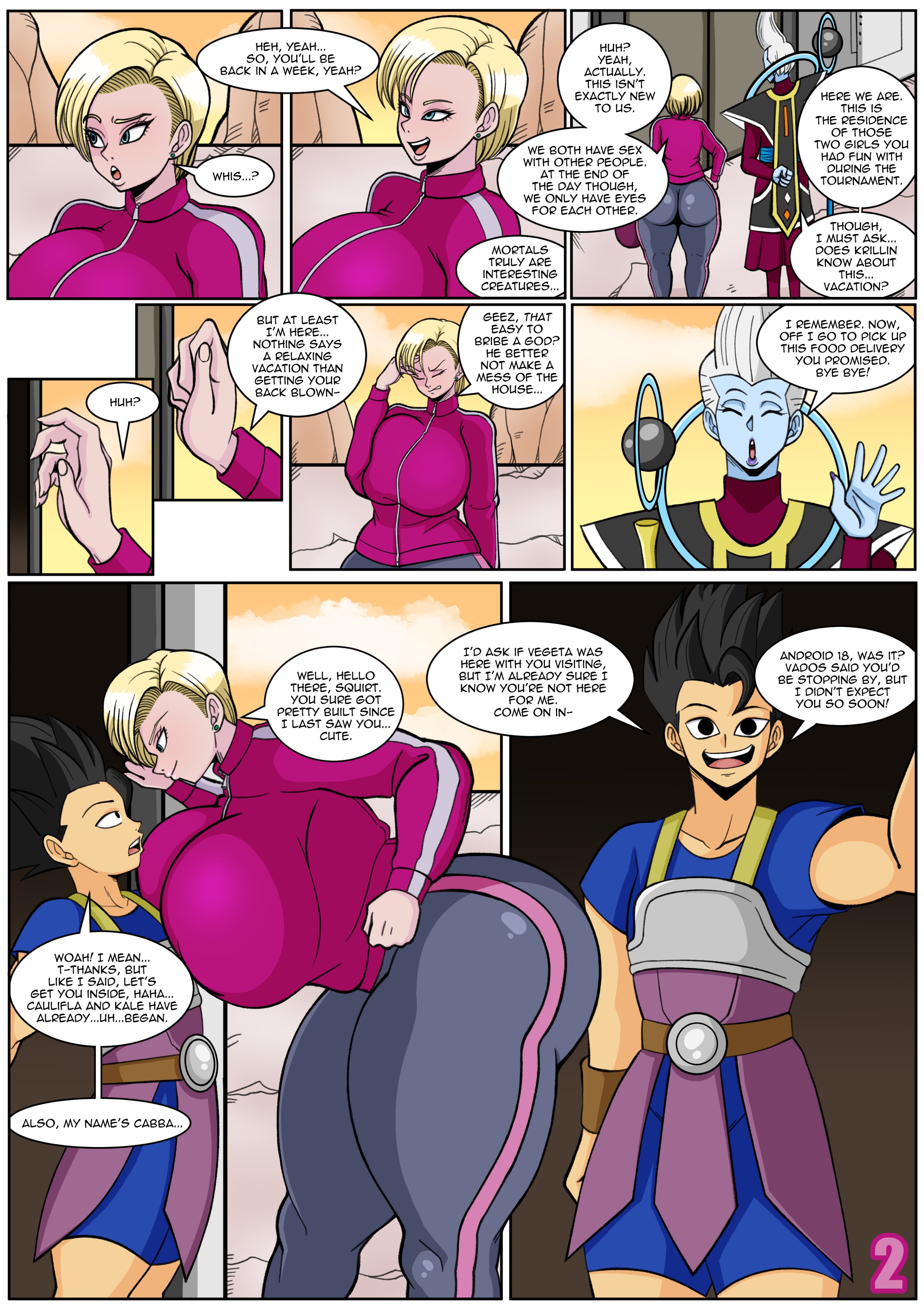 1boy, 1girls, android 18, bermuda art, blonde hair, blue skin, breasts, cabba, clothed, dragon ball, english text, female, huge breasts, male, page 2, right to left, tagme, thick thighs, whis