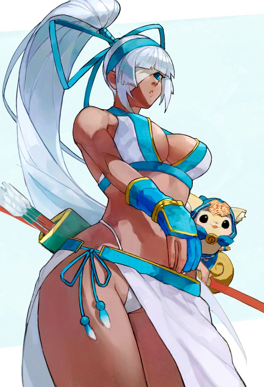 1girls arrow bandage_over_one_eye blue_eyes bow breasts dark-skinned_female dark_skin eyepatch gloves large_breasts long_hair looking_at_viewer majikina_mina samurai_shodown sarong side-tie_skirt thighs thong white_hair white_sarong