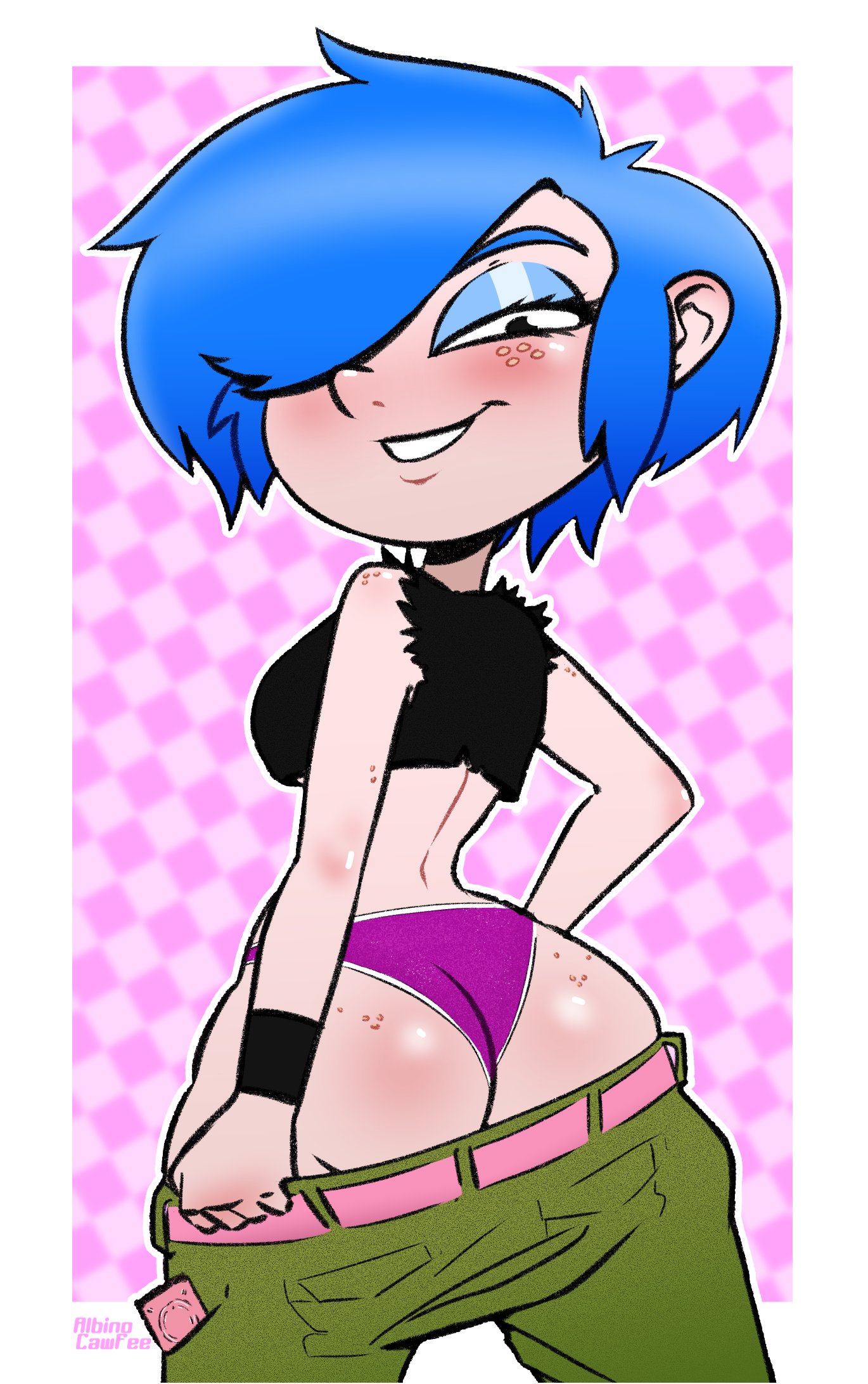 1girls, 2d, albinocawfee, ass, ass focus, back, back view, big ass, blue eyeshadow, blue hair, bottomwear, breasts, cartoon network, clothing, ed edd n eddy, eyeshadow, female, female only, freckles, freckles on ass, freckles on face, green pants, half-closed eyes, huge ass, kanker sisters, looking back, marie kanker, no penetration, no sex, panties, pants, pants down, purple panties, short hair, solo, solo female, topwear