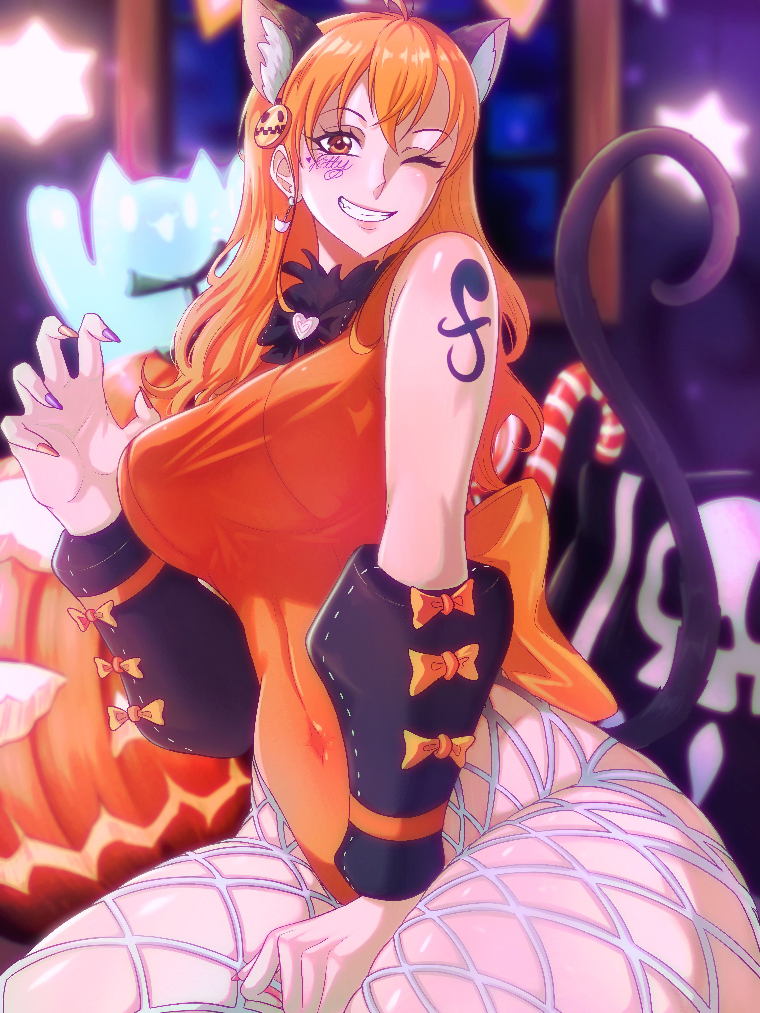 1girls, arm tattoo, blue tattoo, clothing, female, female only, halloween, nami (one piece), one piece, opalisart, orange hair, orange-haired female, post-timeskip, tagme, tattoo