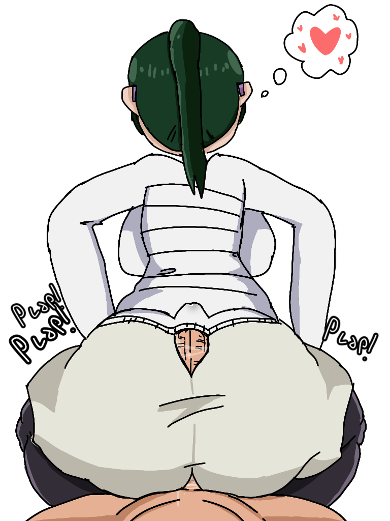 buttjob covered_buttjob glasses green_hair jujutsu_kaisen leggings looking_away pants ponytail short_pants sitting_on_lap sweat sweater zenin_maki