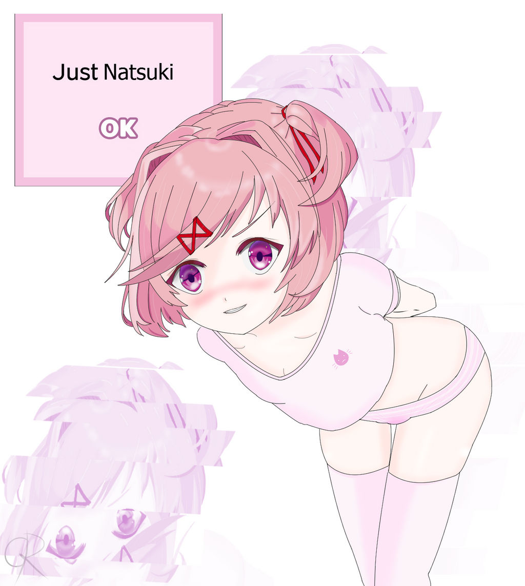 1female 1girls ass blush blushing butt cleavage doki_doki_literature_club english_text female girl glitch glitching glitchy gloomydreamer02 gloomydreamer02 hair_intakes just_natsuki looking_at_viewer natsuki_(doki_doki_literature_club) panties pink_eyes pink_hair smile smiling smiling_at_viewer socks text