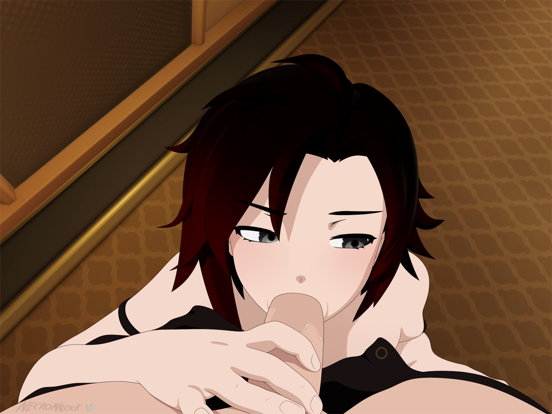 1boy, 1girls, black hair, blowjob, clothed female, clothed sex, fellatio, female, human, male, necromalock, penis, pov, punk girl, red highlights, ruby rose, rwby, short hair, silver eyes, teacher, teacher and student