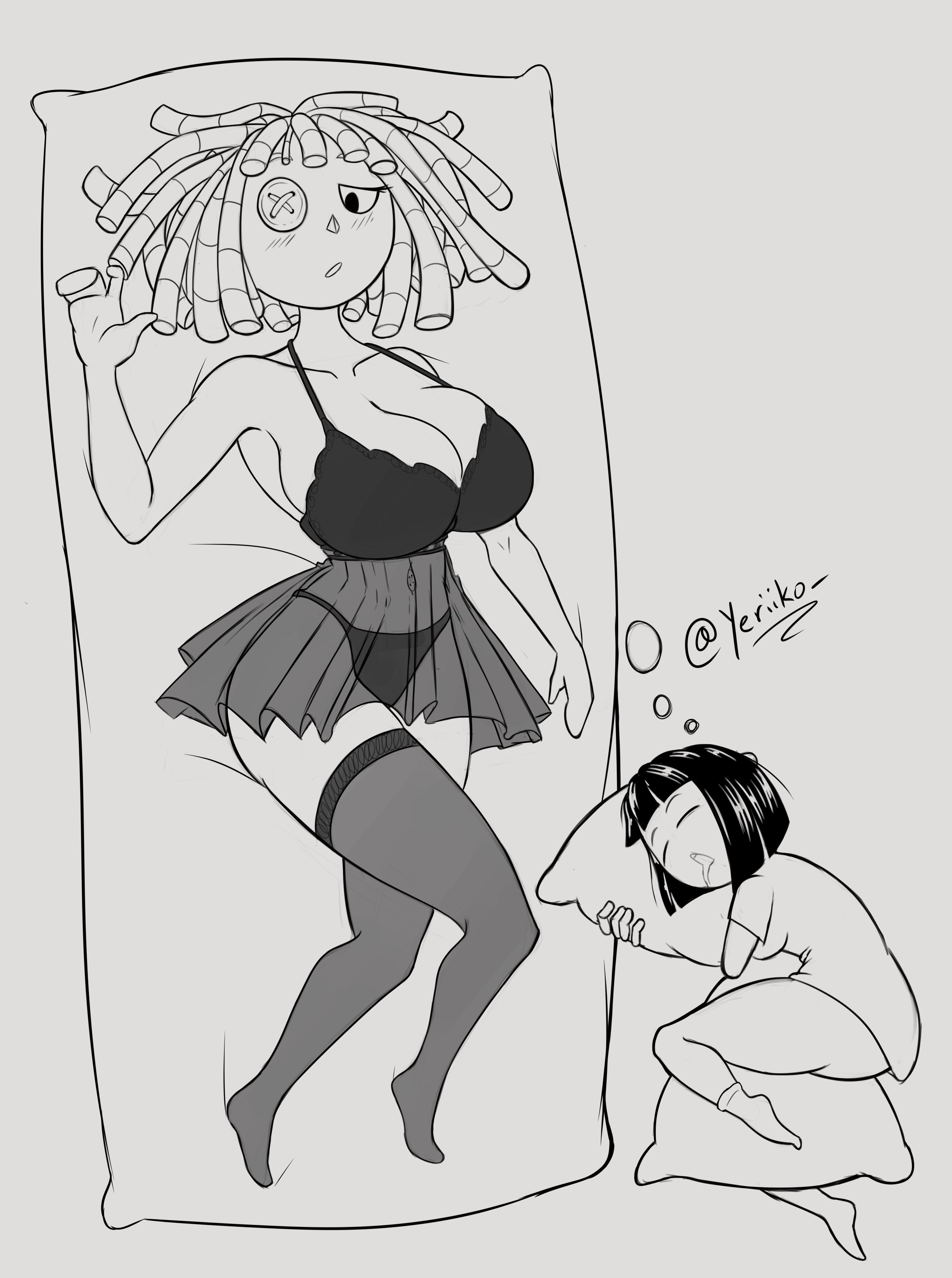 2023, 2d, 2d (artwork), 2d artwork, artist request, big breasts, big thighs, blush, body pillow, bodypillow, bow tie, bra, breasts, button eyes, doll, female, glitch productions, gooseworx, huge breasts, hugging pillow, jester, jester cap, jester costume, jester girl, jester hat, jester outfit, panties, pillow, pomni, pomni (the amazing digital circus), ragatha, ragatha (the amazing digital circus), sleeping, the amazing digital circus, thick thighs, thighhighs, yeriiko