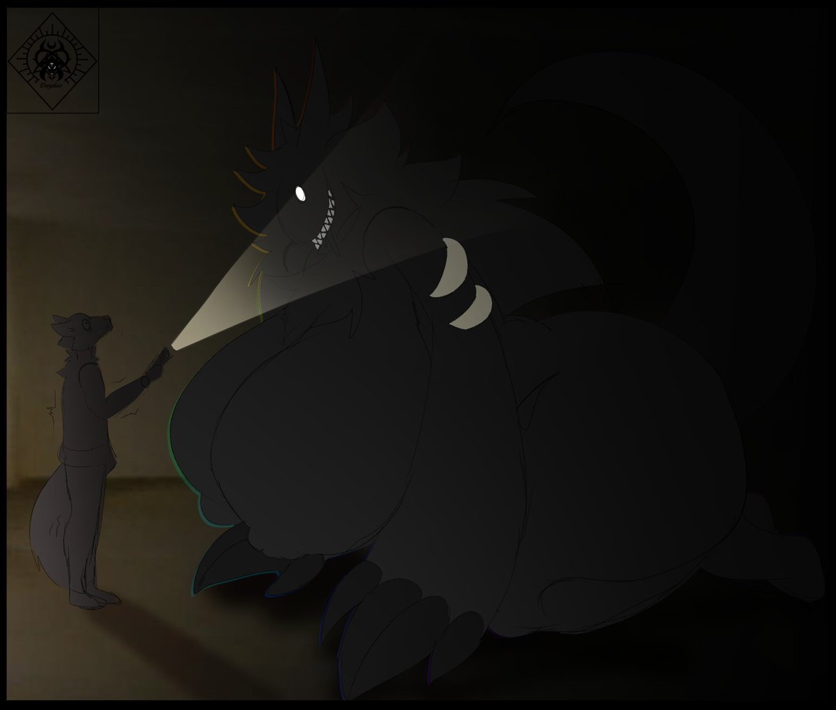 1boy 1boy1girl 1girls 2022 2d 2d_(artwork) absurd_res anthro anthro_on_anthro backrooms backrooms_creature big_ass big_breasts biped black_nose breasts bulge chelsea_(devyshirehell) devyshirehell digital_media_(artwork) flashlight glowing glowing_eyes hi_res horrified huge_ass huge_breasts huge_butt huge_thighs larger_female nude scared shocked size_difference smaller_male smiler_(the_backrooms) smiling the_backrooms thick_thighs wide_hips