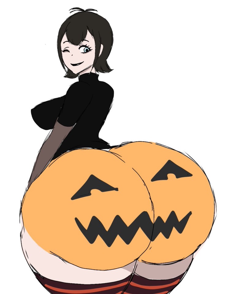 ass, big ass, big butt, black hair, breasts, female, halloween pumpkin, hotel transylvania, mavis dracula, momiji (artist), short hair