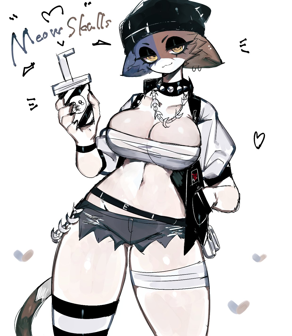 animal ears, big breasts, breasts, cape, cat girl, catgirl, clothes, feline, female, fortnite, fur, furry, goth, hearts, holding object, huge breasts, huge thighs, looking at viewer, meow skulls (fortnite), shorts, spiked collar, tagme, tail, thick thighs, toge77789, togetoge