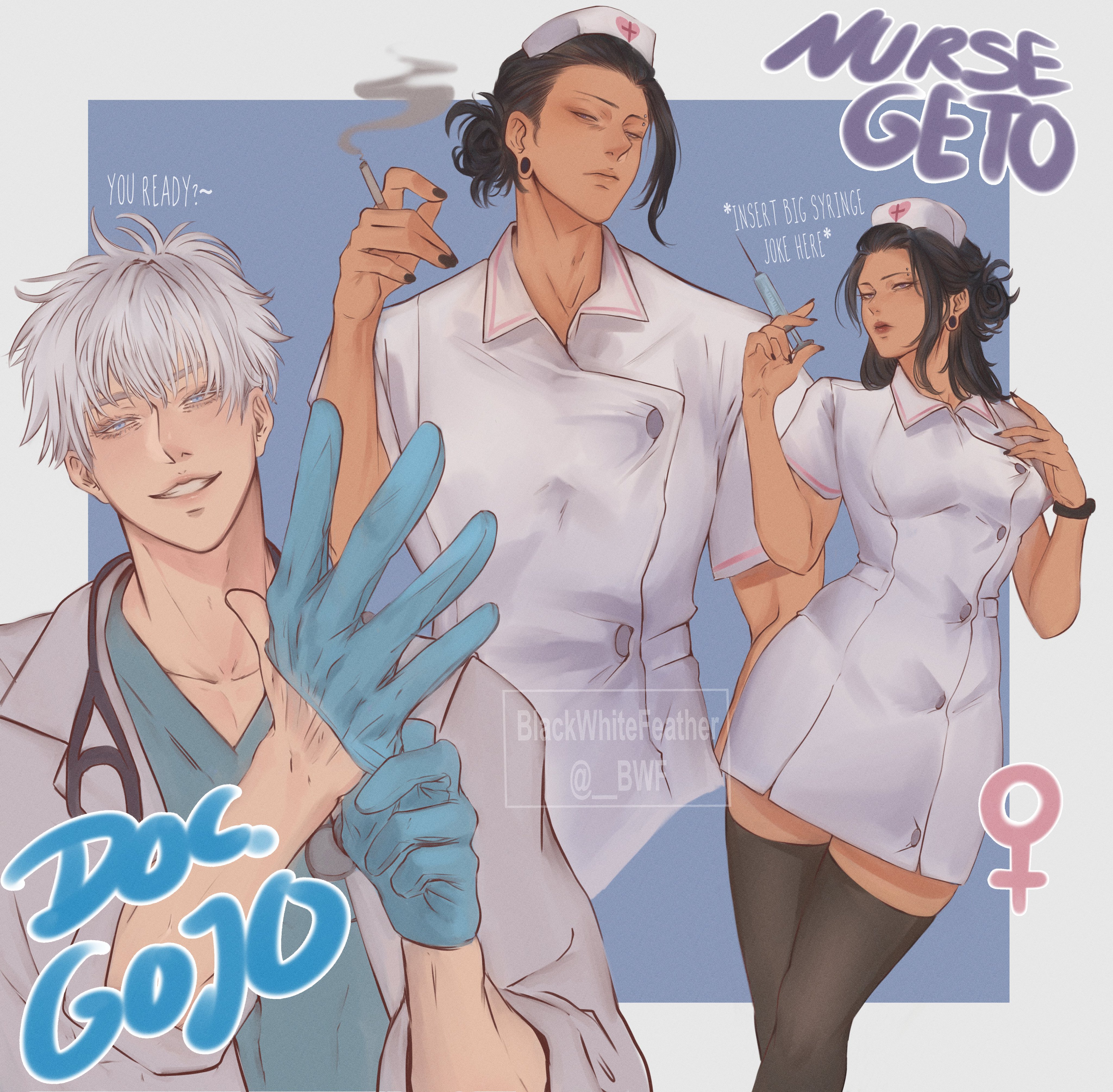 1boy, 1girls, black hair, brown body, color, curvy, doctor, earrings, female, jujutsu kaisen, lipstick, male, male/female, male/male, nurse, nurse uniform, piercing, roleplay, rule 63, satoru gojo, straight, suguru geto, white hair