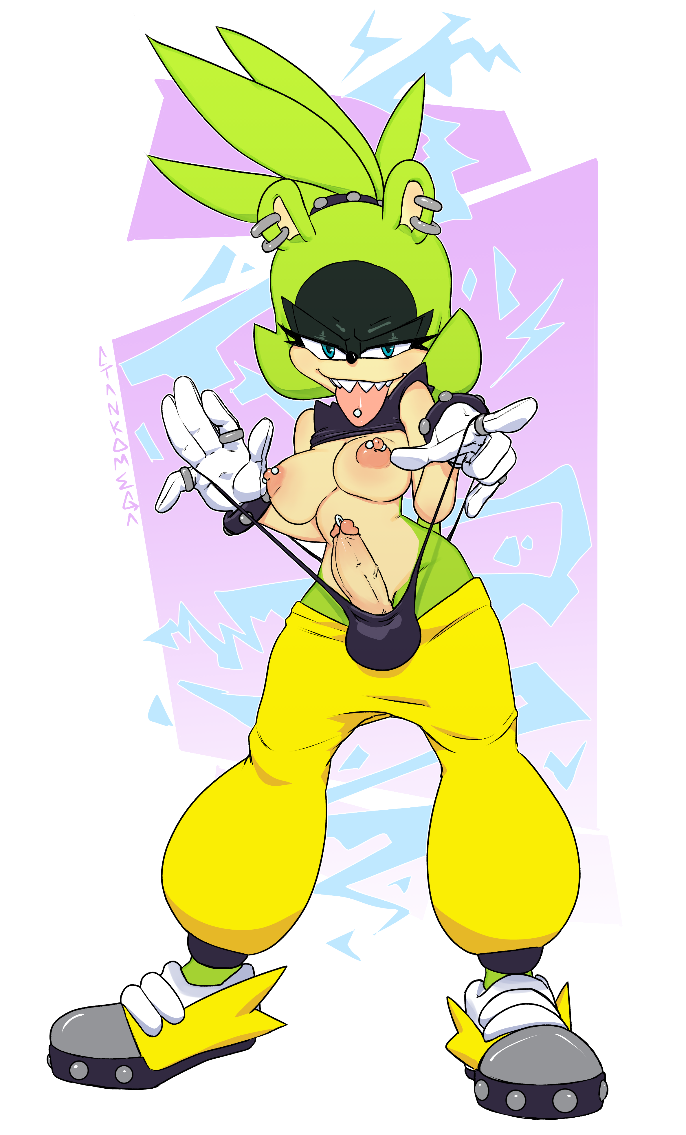 2022, anthro, breasts, erection, fur, futanari, genital piercing, green fur, idw publishing, intersex, nipple piercing, nipples, penis, piercing, robo-sama, sega, solo, sonic (series), sonic the hedgehog (comics), sonic the hedgehog (idw), sonic the hedgehog (series), surge the tenrec, tongue, tongue out, tongue piercing