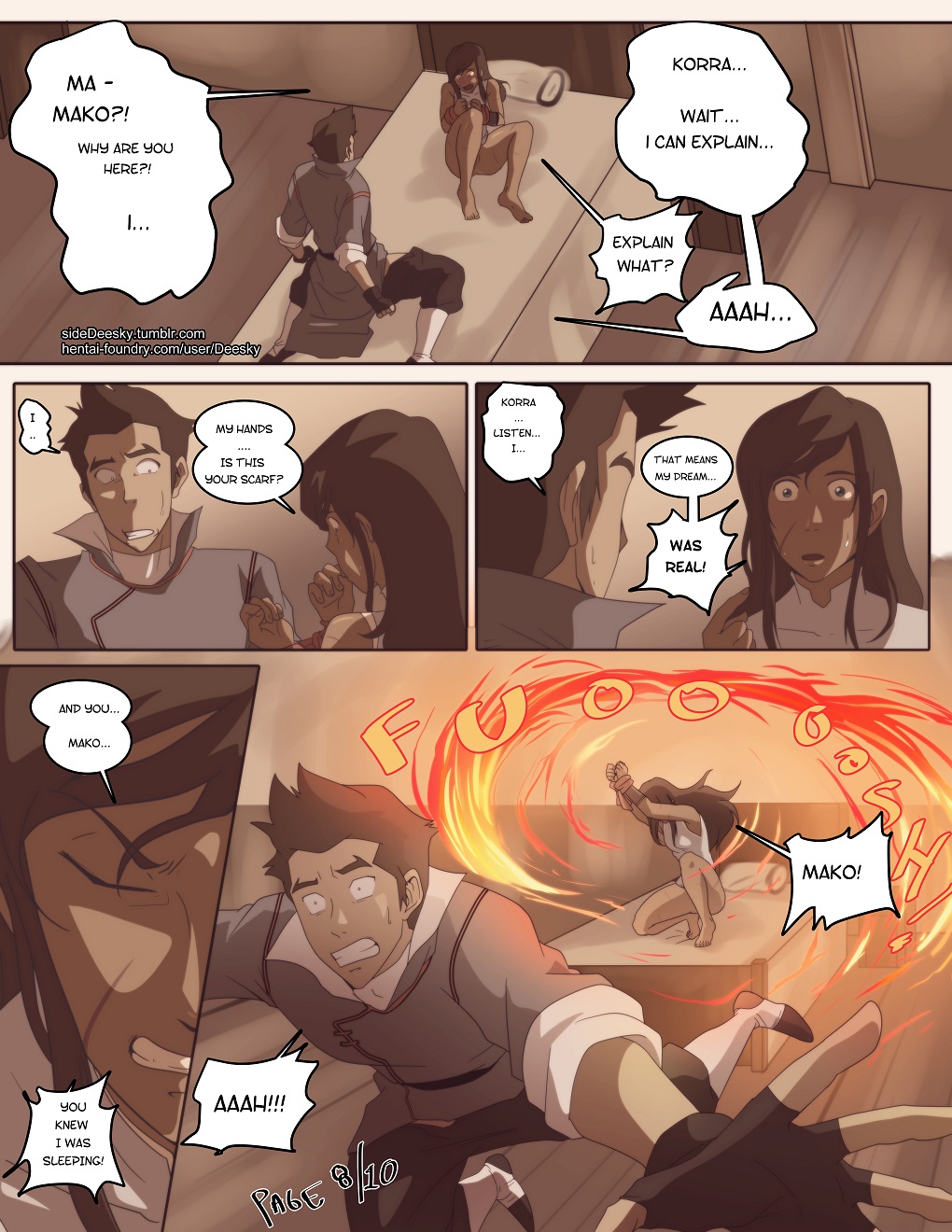 1boy 1girls angry attack avatar_legends avatar_the_last_airbender bed blue_eyes clothing comic dark-skinned_female dark_skin deesky english_text female fire human korra long_hair mako male scar smooth_skin speech_bubble straight text the_avatar the_legend_of_korra water_tribe