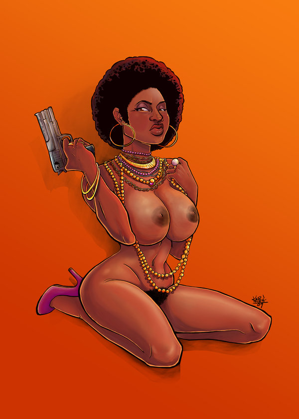 1girls afro bangle big_breasts black_hair coffy dark-skinned_female dark_skin earrings female female_only frown gun handgun heels_only high_heels high_heels_only holding_gun hoop_earrings hoop_earrings_oversized jewelry kneeling necklace nude orange_background pam_grier pistol pubic_hair solo tagme zombiebunny0