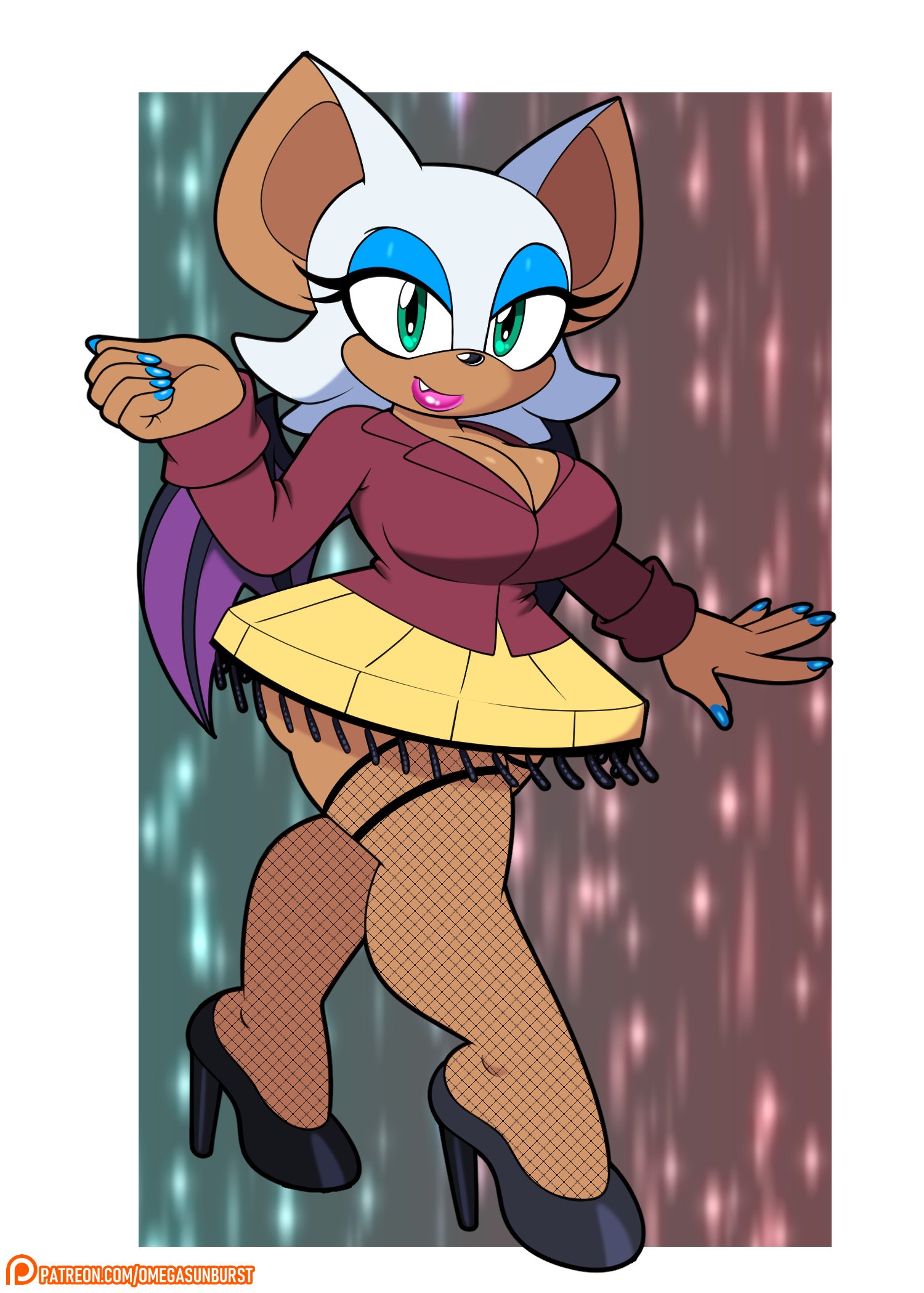 1girls, anthro, barely contained, barely contained breasts, barely fits, bat, bat ears, bat wings, big breasts, black shoes, blue eyes, blue eyeshadow, blue fingernails, breasts, breasts too big, dark skin, dark-skinned female, dress, eyelashes, fangs, female, fishnet stockings, fishnets, furry, furry only, green eyes, high heels, imminent wardrobe malfunction, large breasts, lipstick, omegasunburst, rouge the bat, sega, solo, sonic (series), stiletto heels, tan skin, thick thighs, tight fit, white fur, white hair, yellow dress