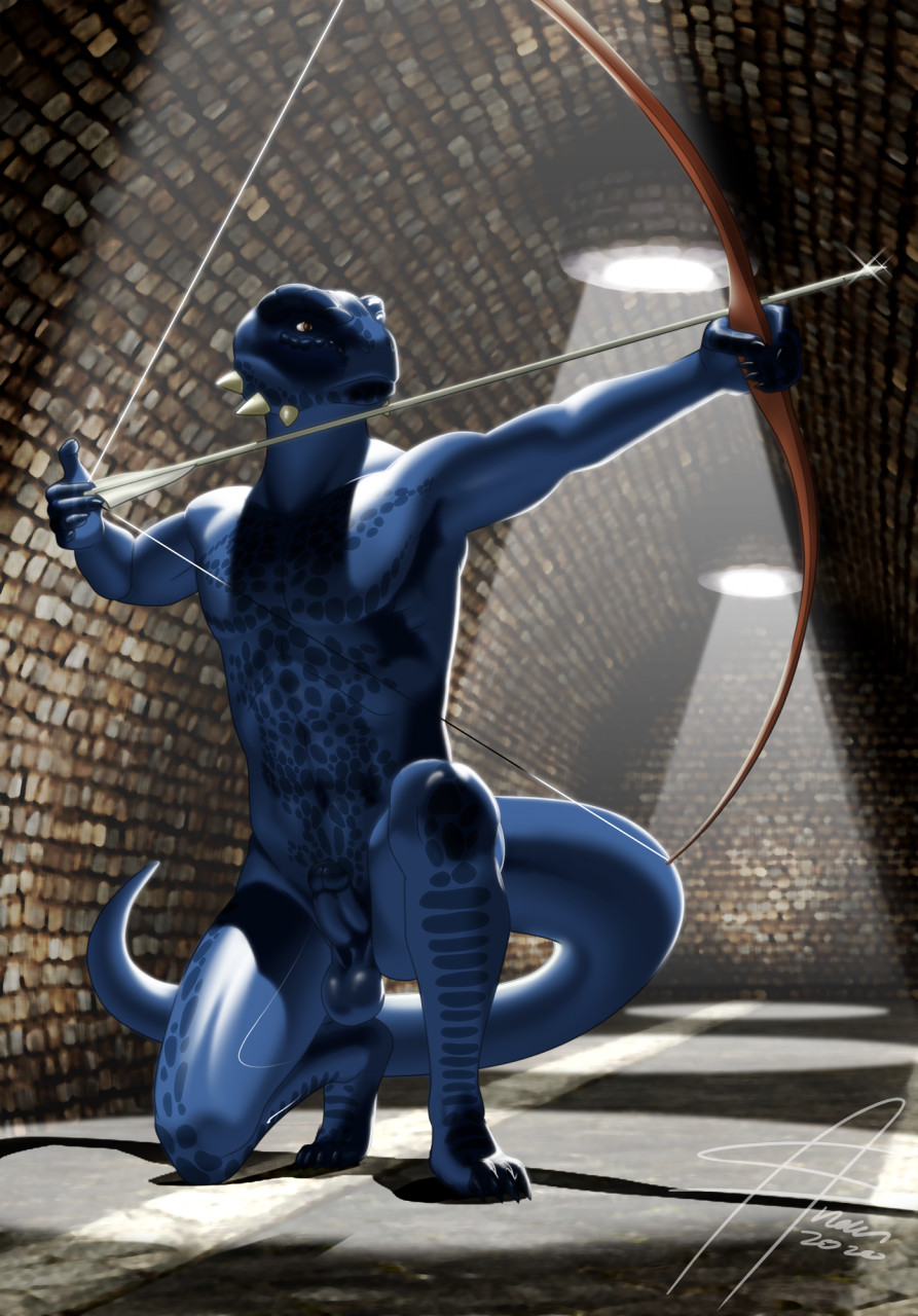 1boy anthro archshen argonian balls bethesda_softworks blue_body blue_scales bow_(weapon) detailed_background erection genitals hi_res holding_object holding_weapon male male_only muscular muscular_male nude penis ranged_weapon scales scalie solo solo_male tail the_elder_scrolls tristen weapon