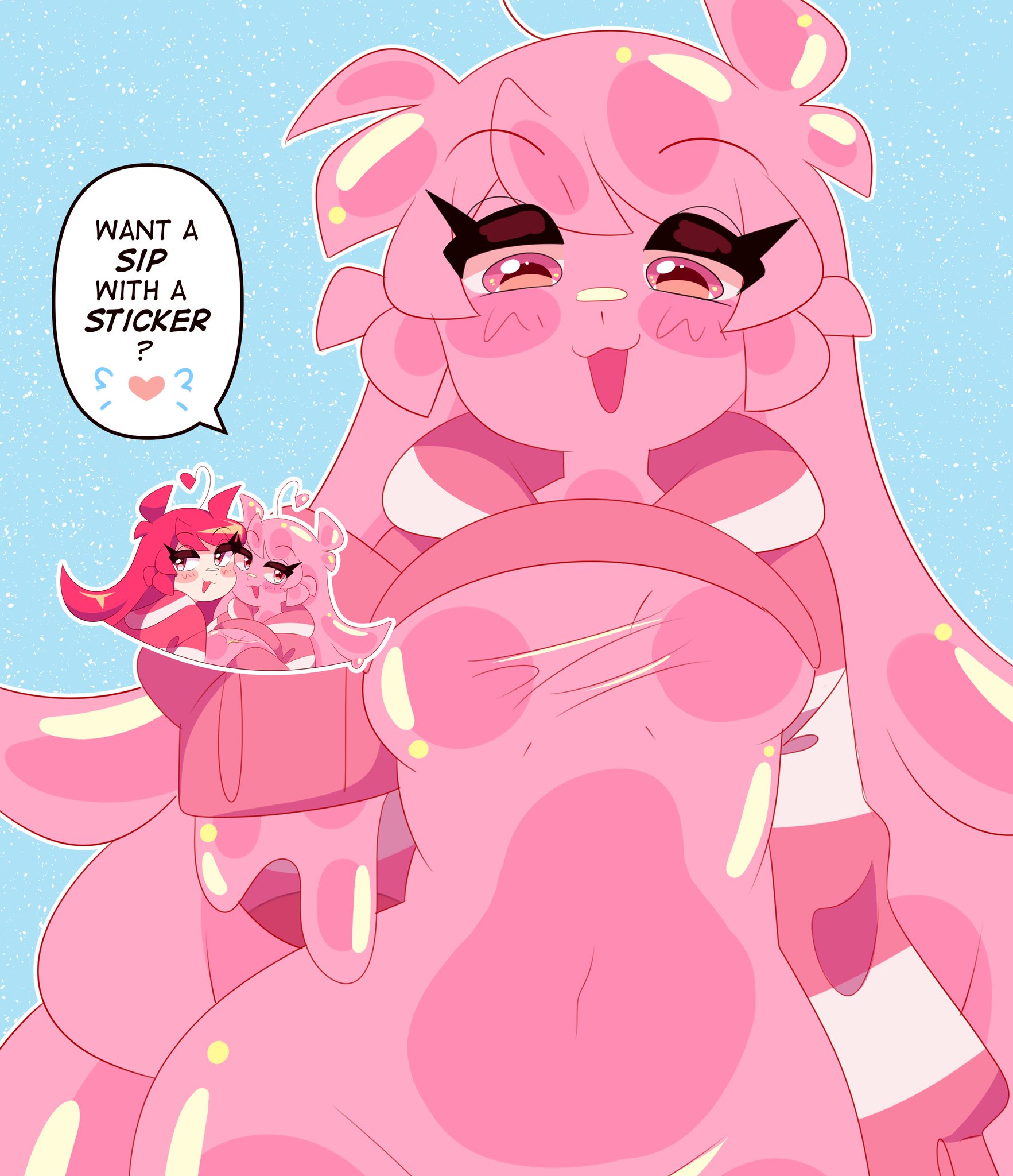 :3, blush, breasts, female, female only, holding object, hoodie, lee (secretnarcissist), pink body, pink eyes, pink hair, secretnarcissist, slime, slime girl, thick thighs, wide hips