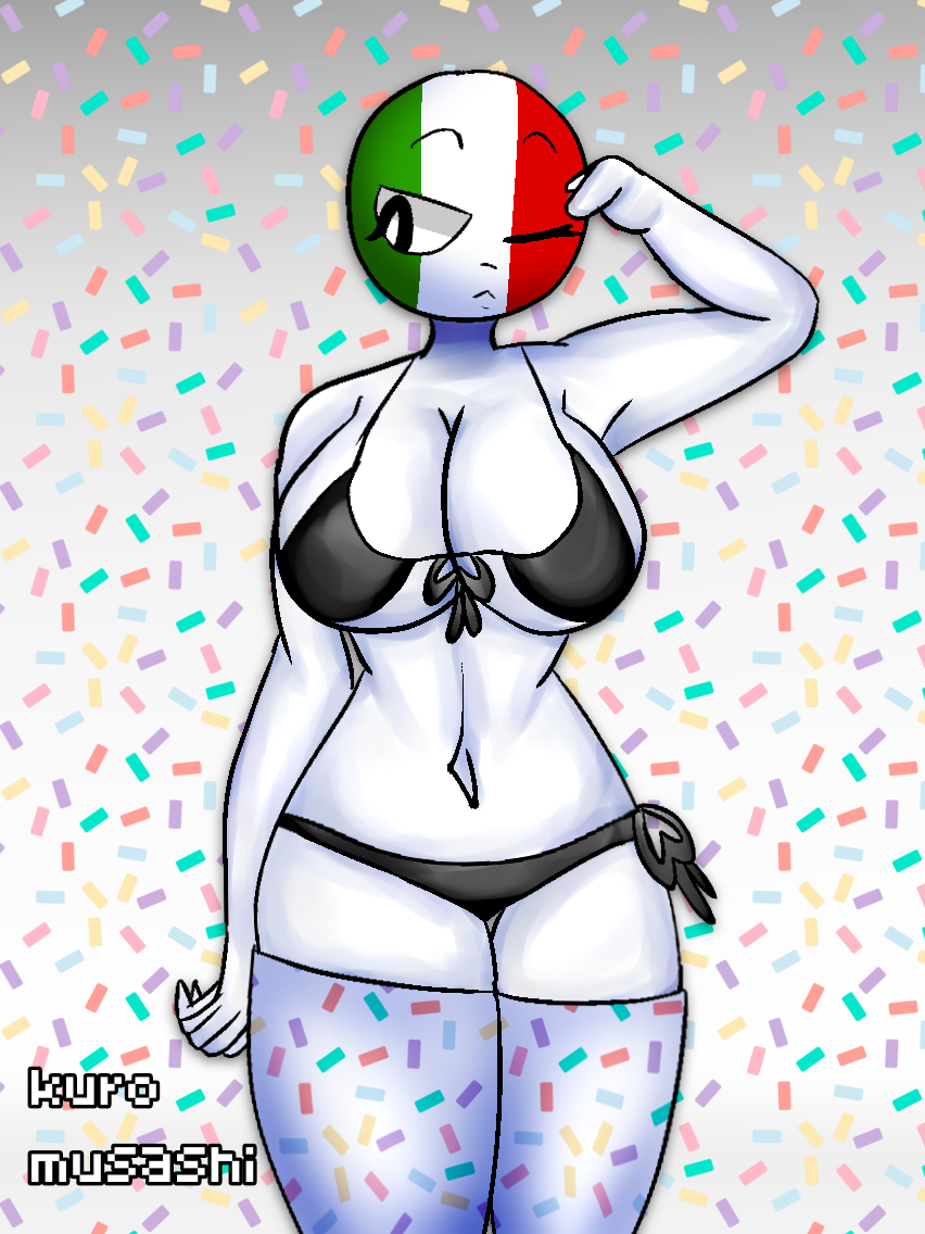 anime black_bra black_eyes black_panties countryhumans countryhumans_girl italy_(countryhumans) kuro_musashi long_socks self_upload sprinkles standing touching_self unamused