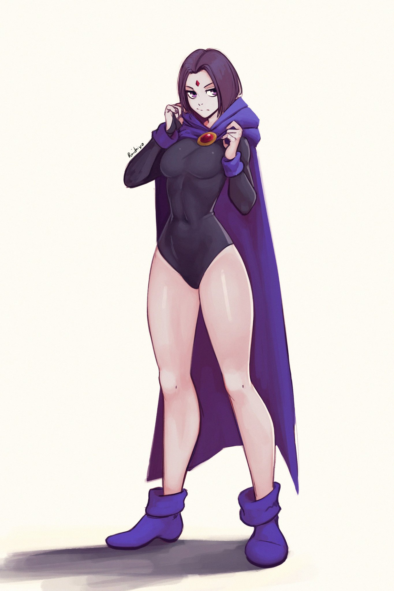 1girls, 2023, 2d, 2d (artwork), bodysuit, boots, breasts, cloak, dc, dc comics, female, female only, fully clothed, legs, leotard, pale skin, purple eyes, purple hair, rachel roth, raichiyo33, raven (dc), sfw, shadow, short hair, simple background, solo, solo female, standing, superheroine, teen titans, thick thighs, voluptuous, white background, wide hips