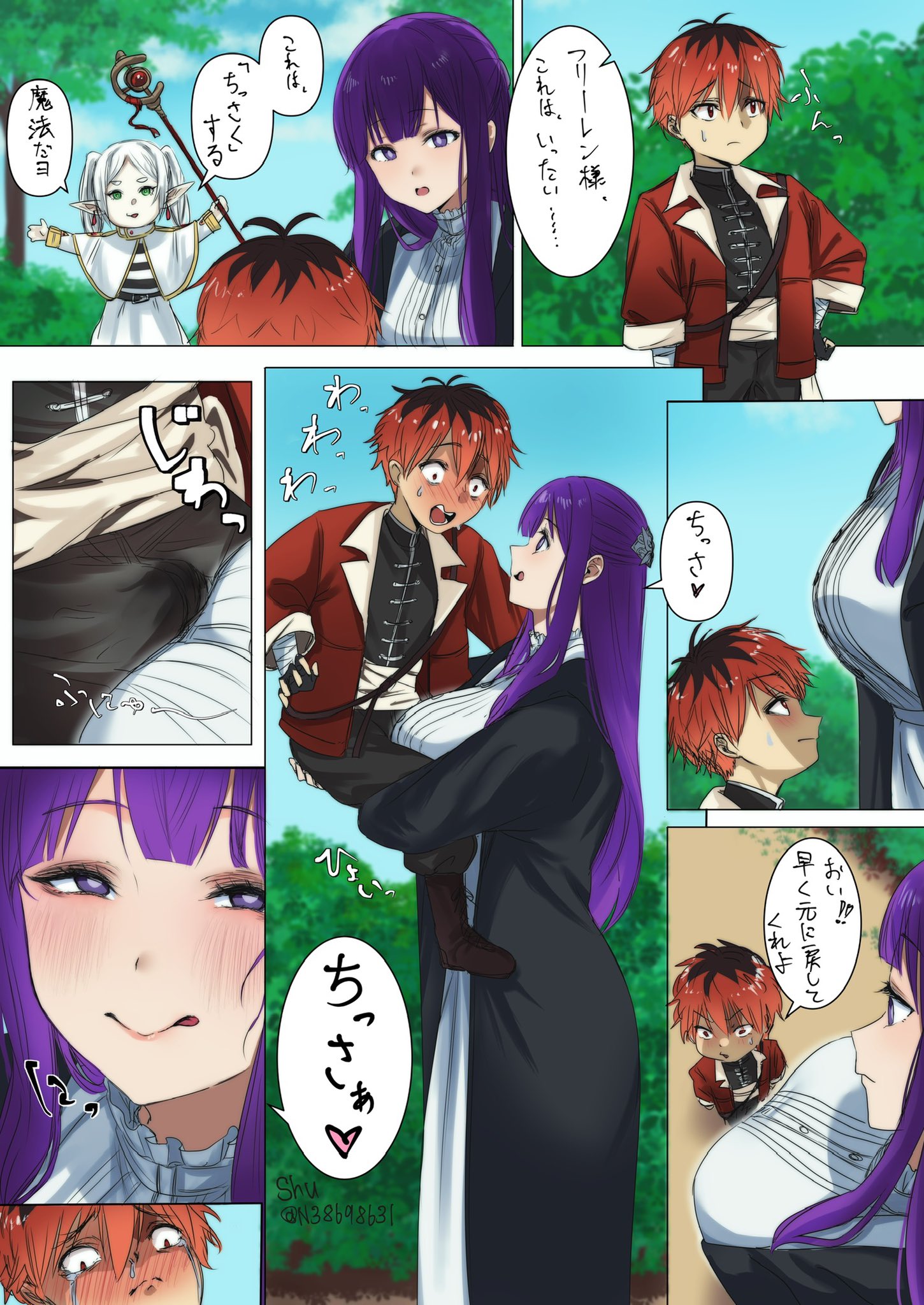 1boy, 2girls, artist request, boy, breasts, erection, female, fern (sousou no frieren), frieren, horny female, imminent sex, japanese text, large breasts, licking lips, long hair, male, multiple females, multiple girls, older female, purple hair, red hair, size difference, sousou no frieren, stark (sousou no frieren), text