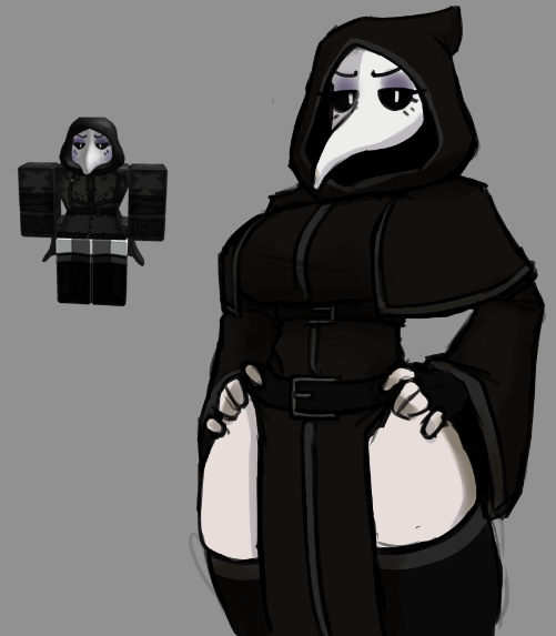 belt breasts busty digital_media_(artwork) dress female genericmerc genericmerc28 gloves hand_on_hip hood long_sleeves makeup mostly_clothed original_character plague_doctor plague_doctor_mask reference_image roblox stockings thick_thighs thighs wide_hips