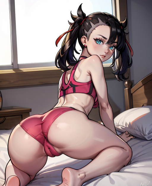 ai generated, aqua eyes, ass, ass focus, black hair, feet out of frame, female, looking at viewer, marnie (pokemon), pokemon, pokemon ss, sports bra, stable diffusion, underwear