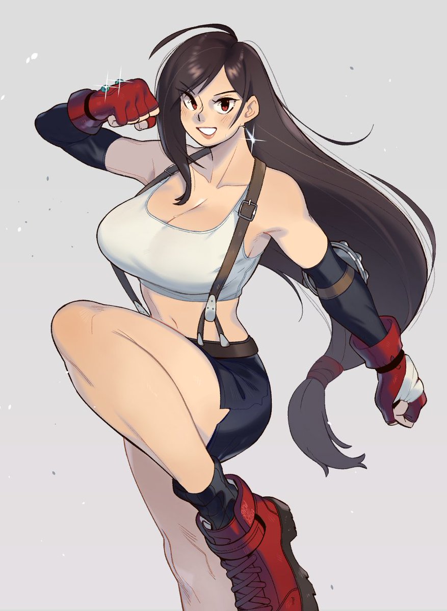 black_gloves black_skirt breasts brown_hair cleavage earrings elbow_gloves female fighting_stance final_fantasy final_fantasy_vii gloves grey_background jewelry large_breasts leg_up long_hair low-tied_long_hair miniskirt red_eyes red_footwear red_gloves simple_background skirt smile snowcie suspender_skirt suspenders tank_top tifa_lockhart very_long_hair white_tank_top