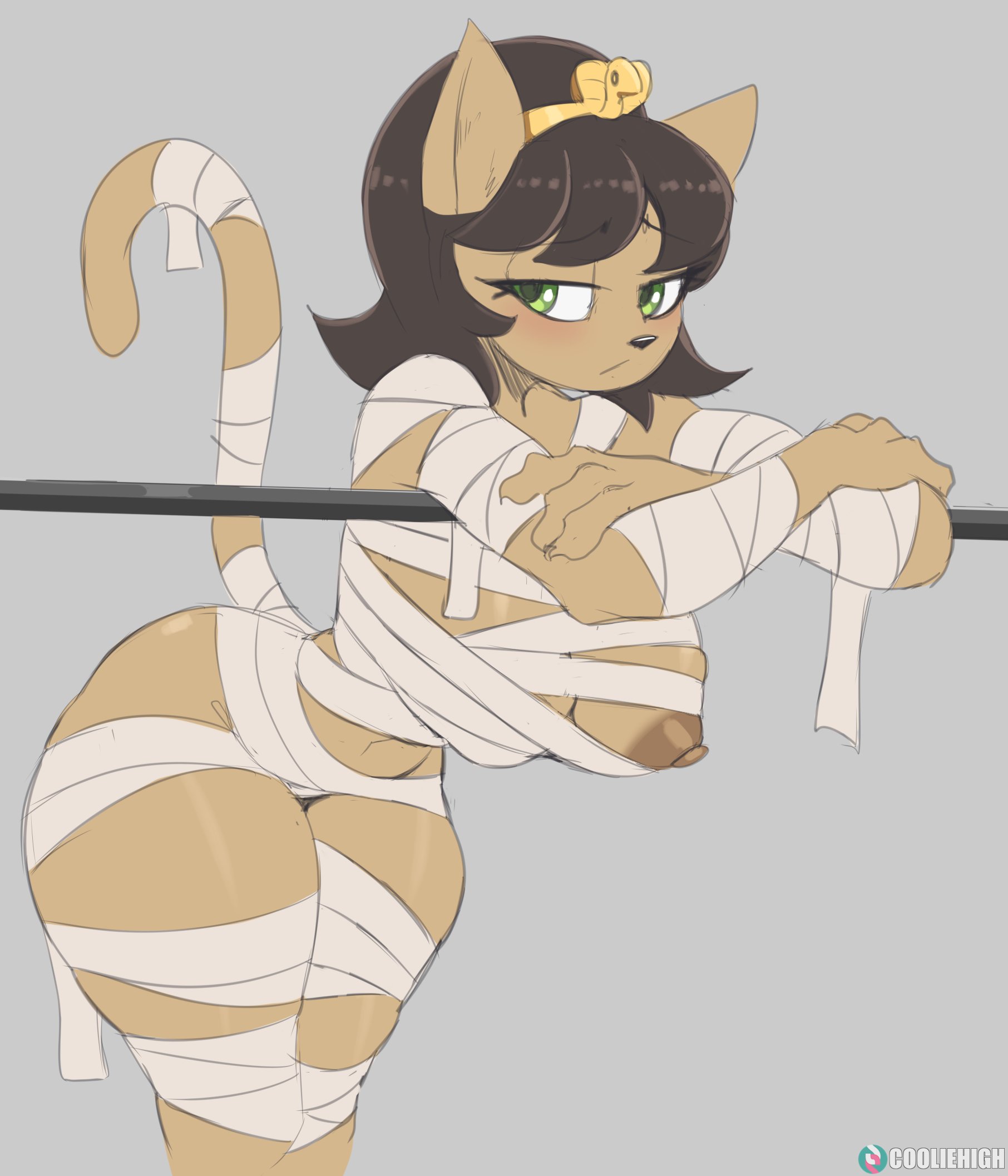 bandage, black hair, blush, breasts, cooliehigh, female, green eyes, kitty katswell, large breasts, mummy, t.u.f.f. puppy, thick thighs, yellow fur