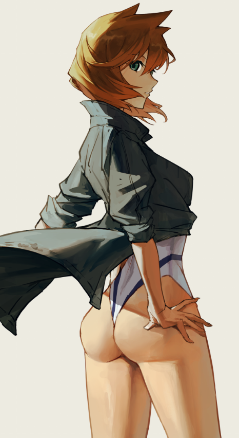 ass, blonde hair, blue eyes, breasts, commentary, cowlick, creatures (company), eyelashes, eyeshadow, female, from below, game freak, highres, jacket, kasumi (pokemon), looking back, makeup, misty (pokemon hgss), misty (pokemon), nintendo, off shoulder, one-piece swimsuit, parted lips, pokemon, pokemon (game), pokemon hgss, shiny skin, short hair, solo, swimsuit, wedgie, white background, white one-piece swimsuit