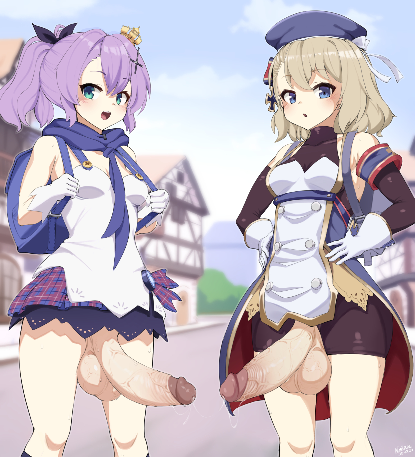 2futas, azur lane, balls, big balls, big penis, blonde hair, blue eyes, bottomless, breasts, clothed, clothing, duo, erection, futa only, futanari, green, human, intersex, javelin (azur lane), large penis, light skin, light-skinned futa, long hair, mostly clothed, nnilaee, penis, penis out, perky breasts, precum, purple hair, short hair, standing, thighs, twintails, uncensored, z23 (azur lane)