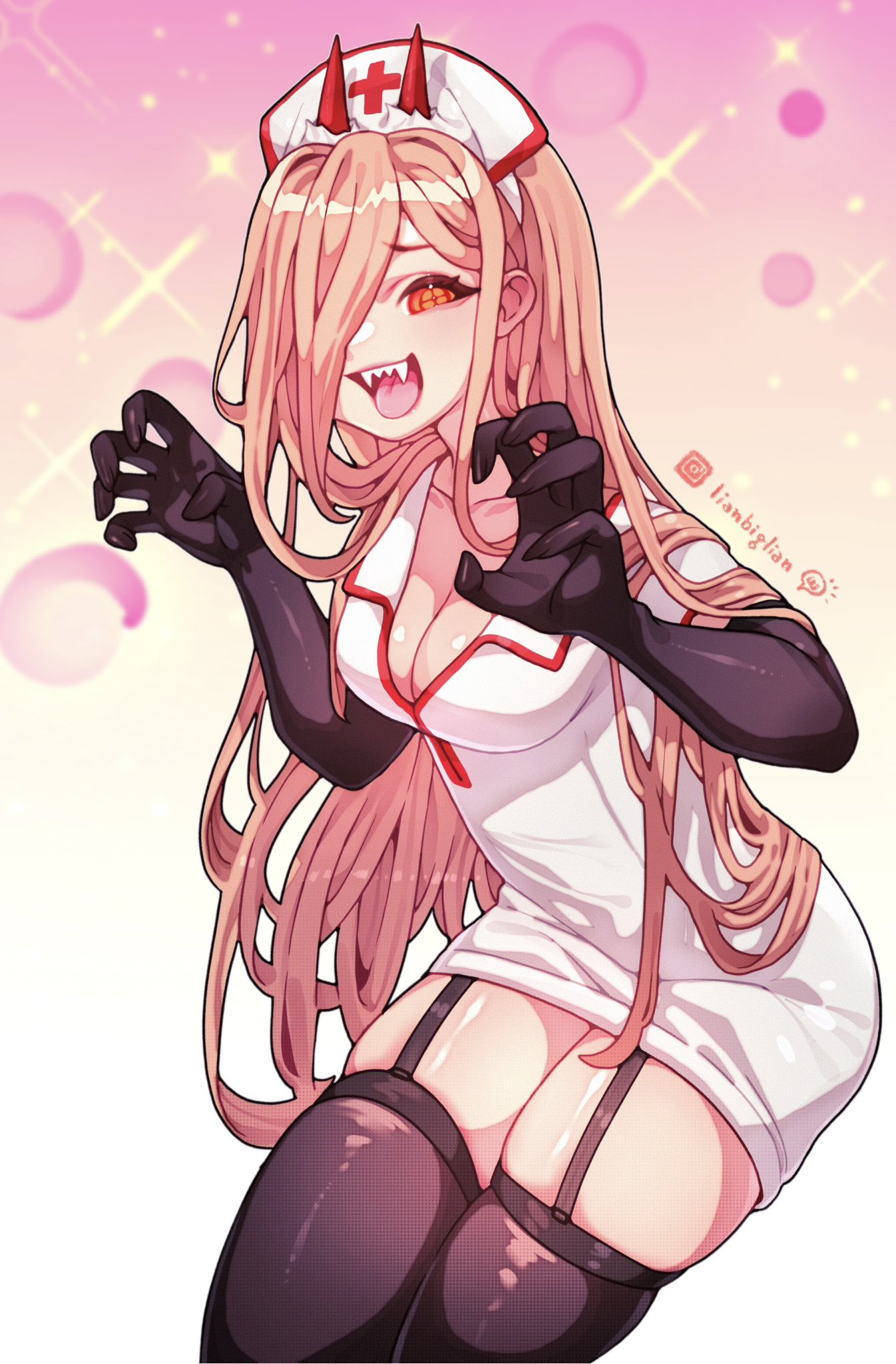 breasts chainsaw_man cleavage dress elbow_gloves female garter_straps gloves hat headgear horns leaning_forward lianbiglian long_hair nurse nurse_cap nurse_uniform orange_eyes pink_hair power_(chainsaw_man) sharp_teeth smile stockings tagme thighhighs thighs tongue wide_hips