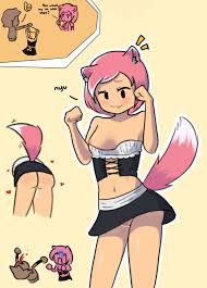 1boy 1boy1girl artist_request ass bad_quality breasts female fox_ears fox_tail kurechii light-skinned_female maid_outfit morgan_(postknight) pink_fur pink_hair postknight presenting_ass presenting_hindquarters small_ass small_breasts smiling_at_partner