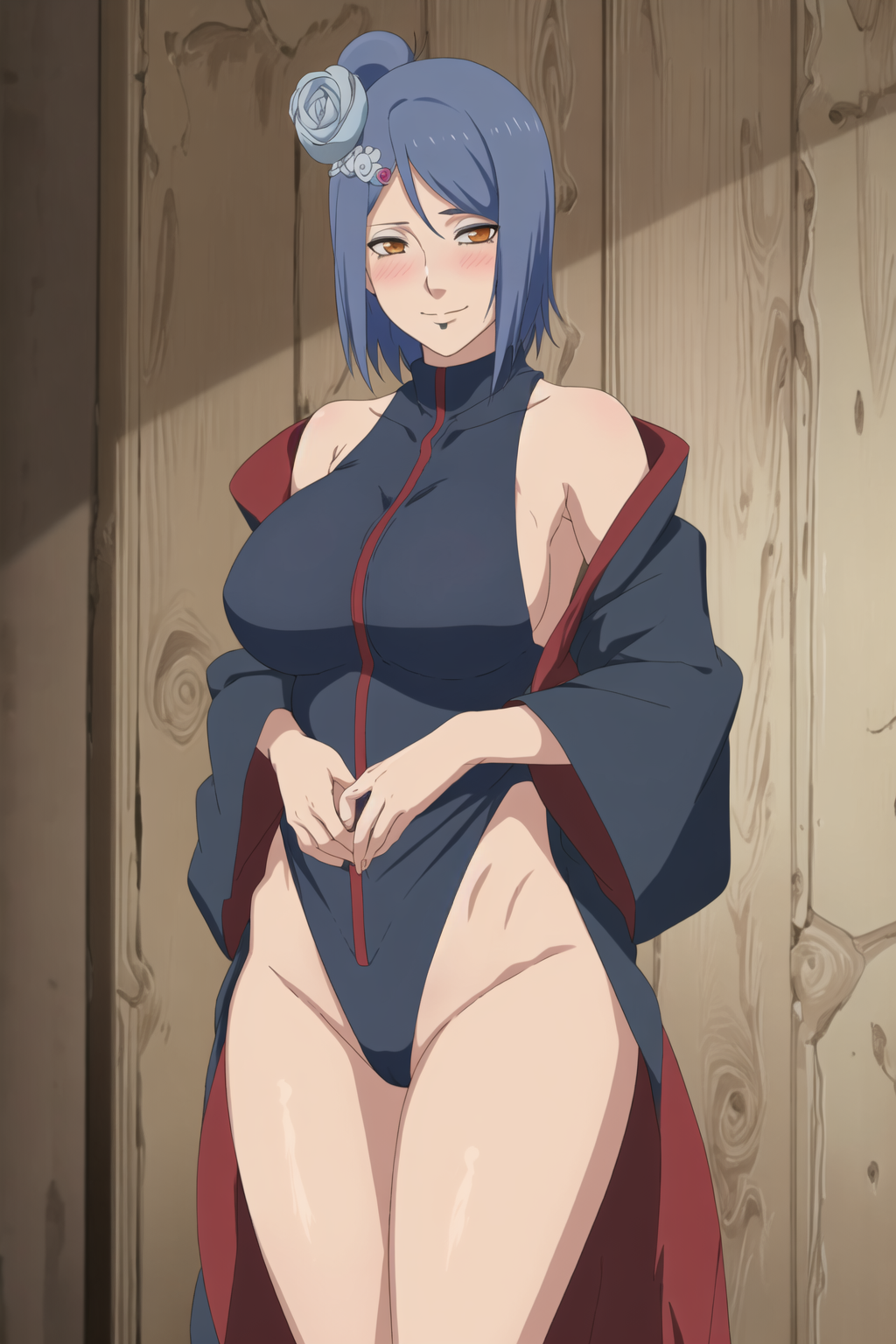 adapted_costume ai_generated akatsuki_(naruto) bare_legs bare_shoulders big_breasts blue_hair blush blush_lines breasts cameltoe child_bearing_hips cleavage clothing curvaceous flower flower_in_hair hair_ornament hourglass_figure konan labret_piercing legs_together leotard light-skinned_female light_skin long_hair makeup mature mature_female mature_woman nai_diffusion naruto naruto_(series) naruto_shippuden oppai orange_eyes pelvic_line piercing pinup revealing_clothes skimpy skimpy_clothes stable_diffusion tbaanime thighs wide_hips