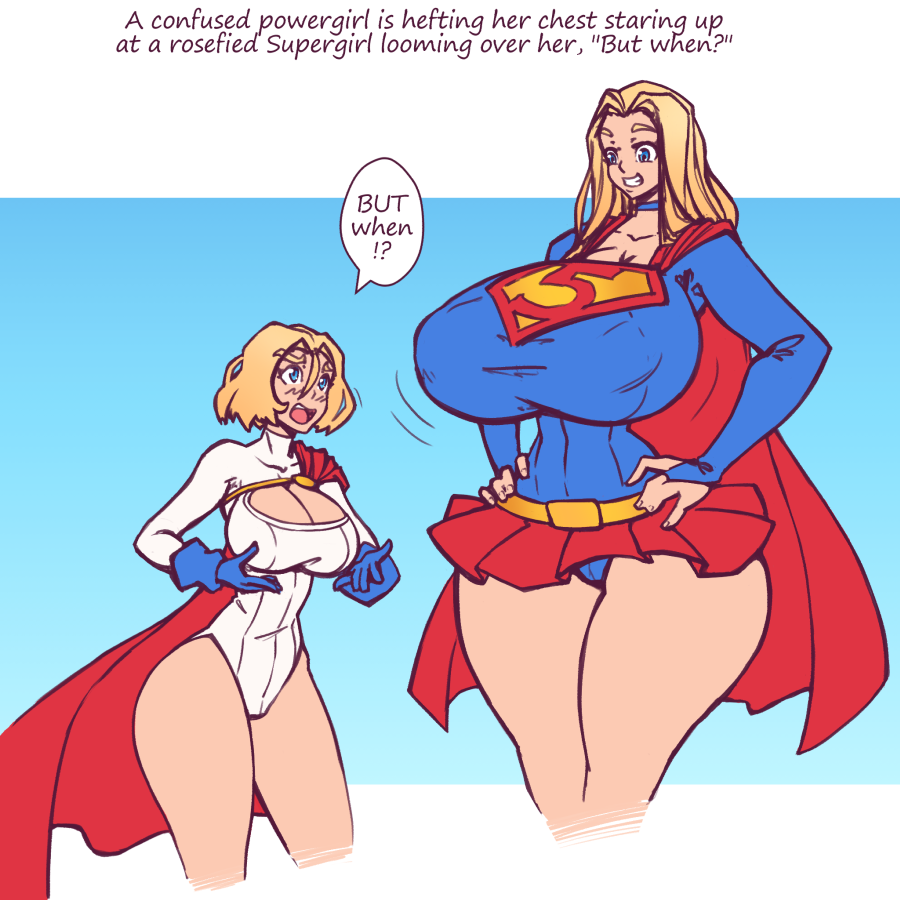 2girls big_breasts blonde_female blonde_hair breasts dc dc_comics female female_only heroine huge_breasts large_breasts massive_breasts multiple_girls n647 power_girl role_reversal size_difference supergirl supergirl_(series) superhero_costume superheroine superman_(series) tagme