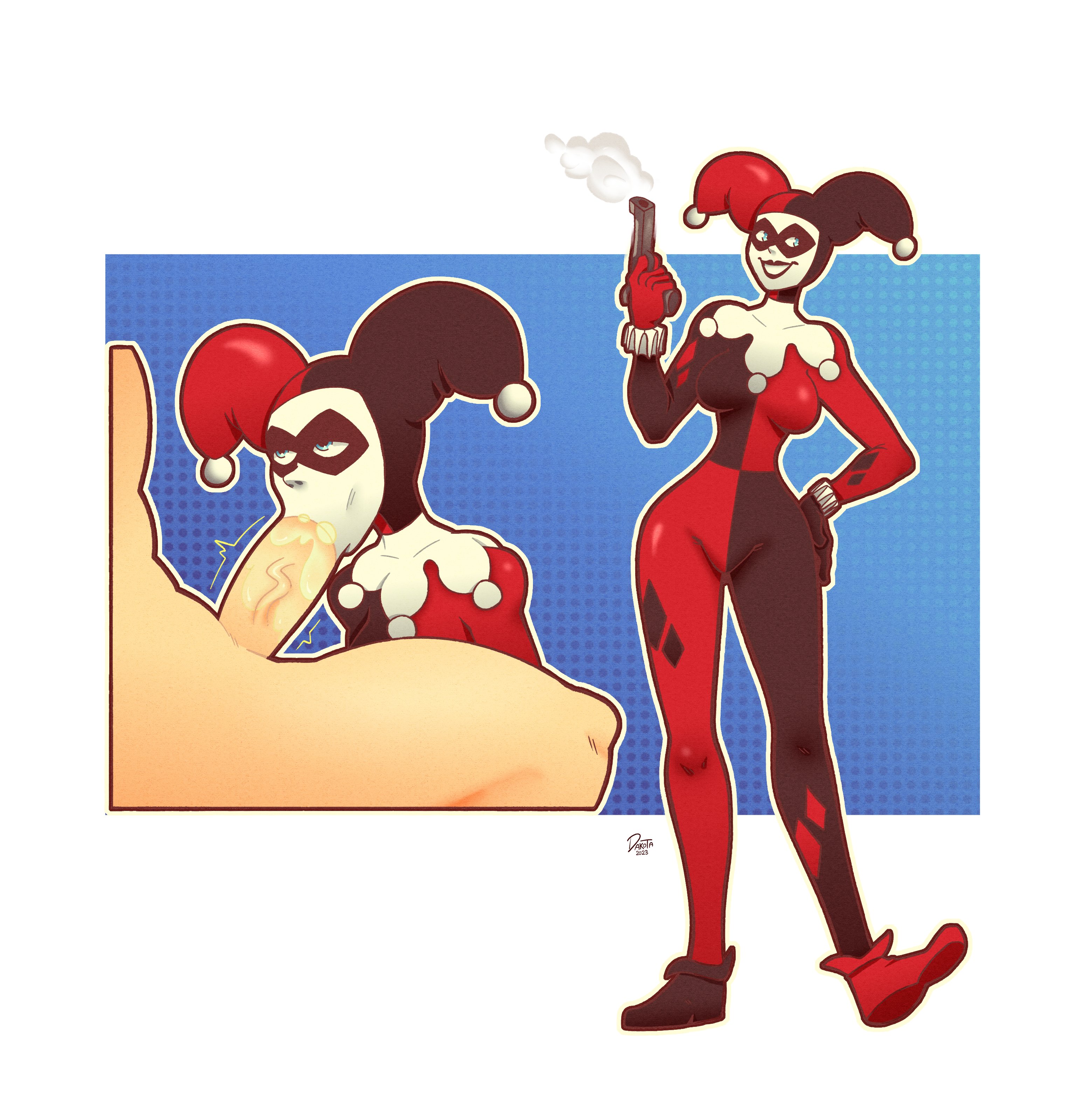 1girls, batman (series), blowjob, blue eyes, bodysuit, clown girl, cum, cum in mouth, dakota018, dc, dc comics, domino mask, faceless male, fellatio, female, gun, harley quinn, harley quinn (classic), male, mask, oral, penis, solo focus, white skin
