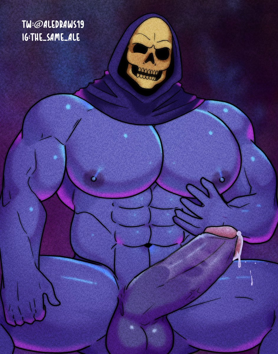 aledraws19 balls bara big_balls big_pecs big_penis blue_body blue_skin blush boner erection hood male male_only masters_of_the_universe muscles muscular nude penis sitting skeletor skull skull_head solo solo_male spread_legs