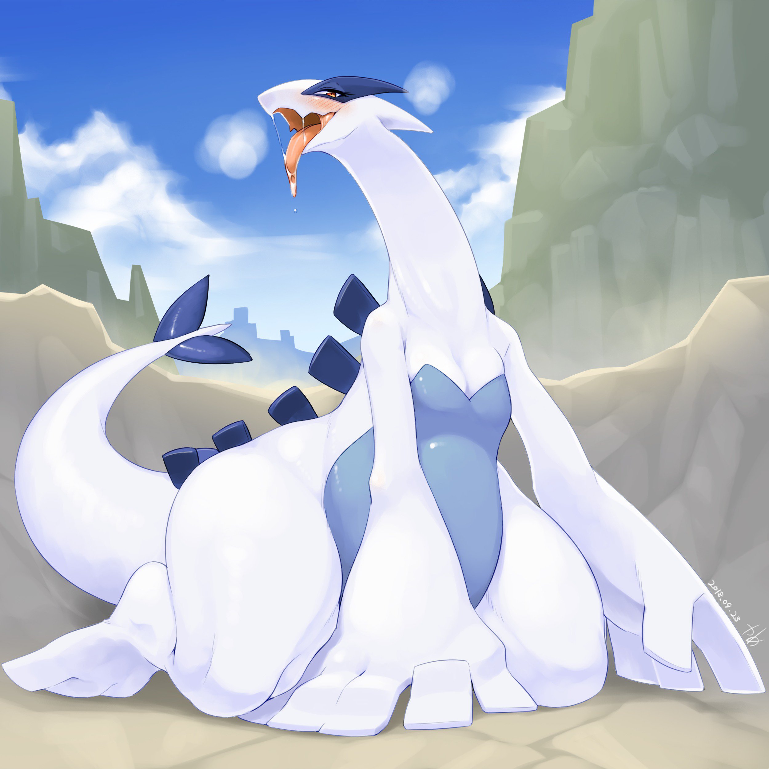 1girls, 2018, anthro, blush, blushing, brown eyes, female, female only, game freak, generation 2 pokemon, hi res, horny, in heat, kame 3, kneeling, legendary pokemon, looking at viewer, lugia, naughty face, nintendo, open mouth, pokemon, pokemon (species), smiling, smiling at viewer, solo, solo female, tail, thick thighs, tongue, tongue out