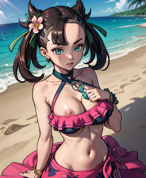 1girls ai_generated aqua_eyes beach bikini black_hair marnie_(pokemon) nipple_slip pokemon pokemon_masters pokemon_ss stable_diffusion summer_marnie_(pokemon_masters)