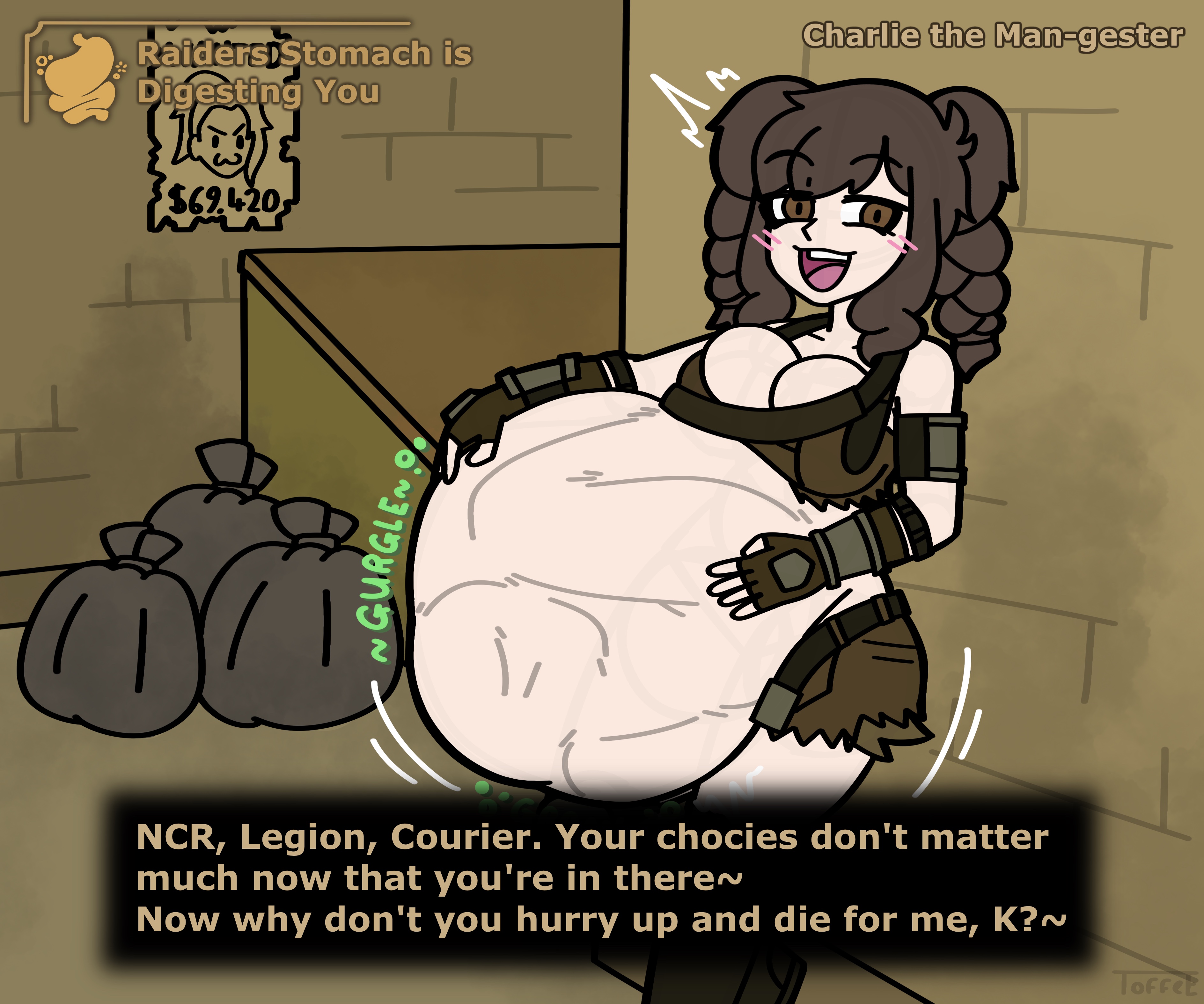 1girls, ambiguous prey, belly, belly bulge, big belly, big belly bulge, big breasts, breasts, brown eyes, brown hair, brown-haired female, brunette hair, detailed bulge, digestion, digestion noises, fallout, fallout new vegas, female, female pred, gameplay mechanics, gui, light skin, light-skinned female, oral vore, raider (fallout), shorts, soft vore, talking to prey, toffee (vore artist), vore, vore belly