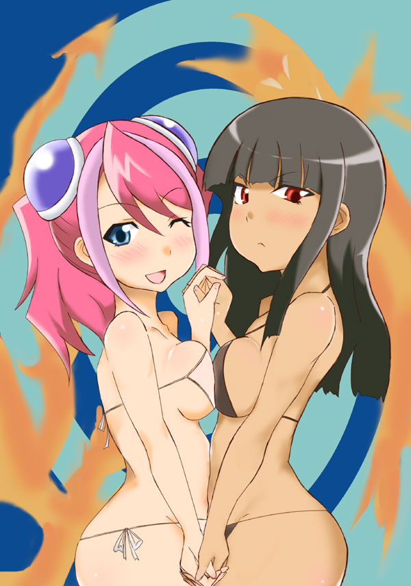 2girls bikini black_hair blue_eyes blush breasts hiiragi_yuzu julia_krystal kotsu_masumi looking_at_viewer open_mouth pink_hair red_eyes wink yu-gi-oh! yu-gi-oh!_arc-v yuyurori zuzu_boyle