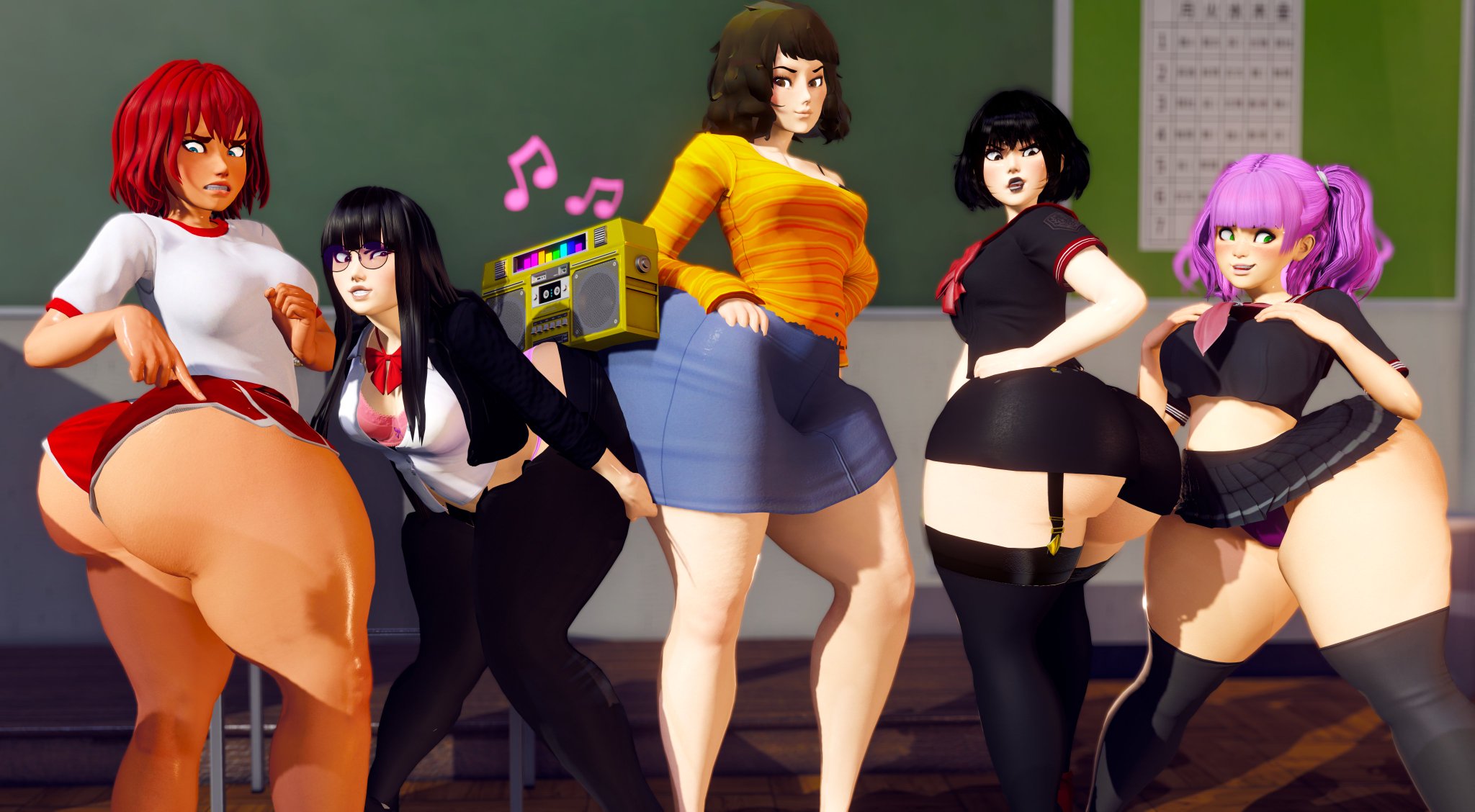 5girls, ass, ass grab, big ass, big butt, black clothing, black hair, classroom, female, glasses, gold boombox (prevence), gym clothes, gym shorts, gym uniform, huge ass, huge butt, musical note, oc, panties, persona, persona 5, pink hair, prevence, red hair, sadayo kawakami, school uniform, short skirt, smile, smirk, stockings, thick thighs, thighs