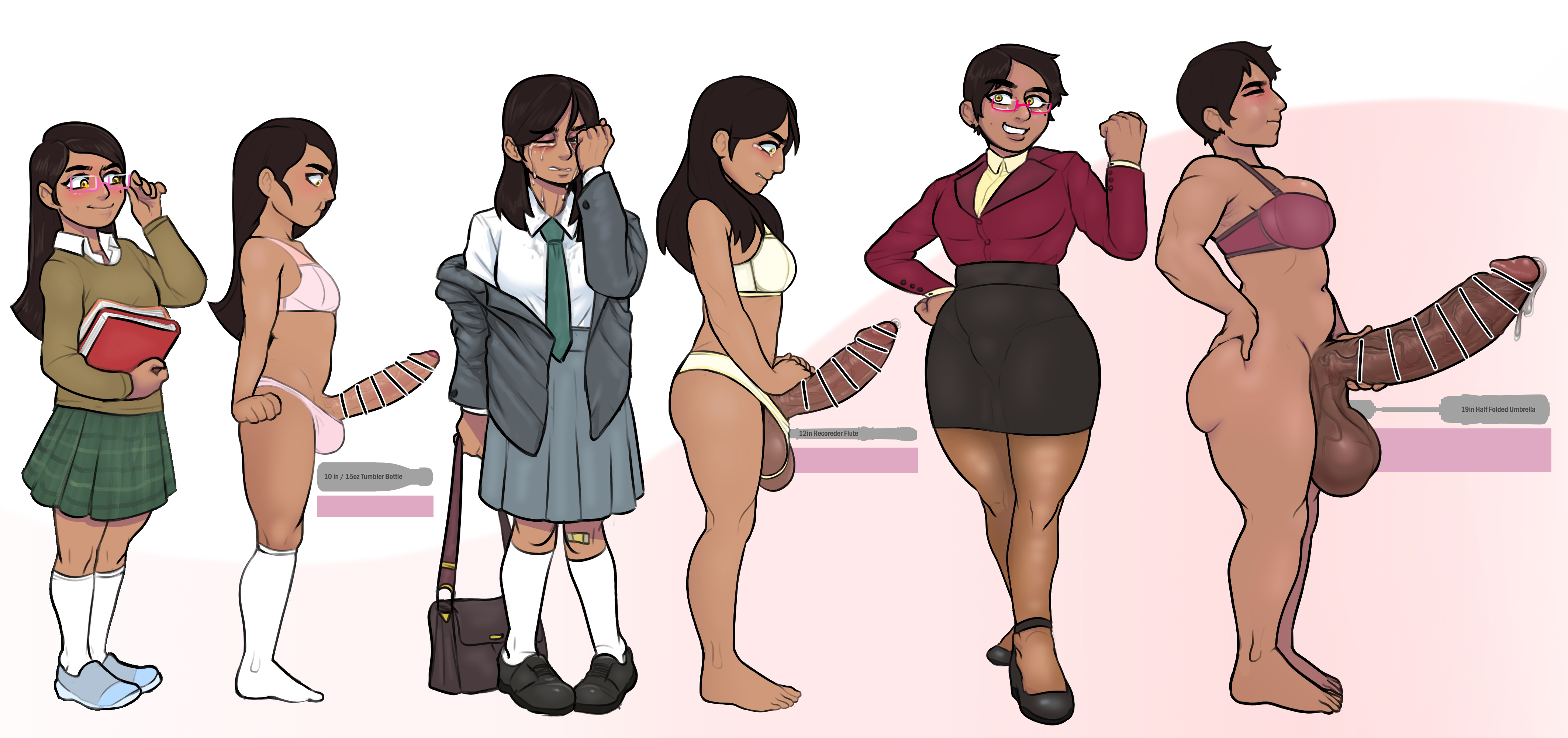 1futa, age progression, balls, balls in panties, bar censor, big breasts, bottomless, bra, breasts, censored, clothed, clothing, crying, dark skin, dark-skinned futa, erection, female, fully clothed, futa only, futanari, genital growth, glasses, huge balls, huge cock, human, intersex, large penis, megan (sovietmarmalade), mostly nude, office lady, pencil skirt, penis, penis growth, school uniform, schoolgirl, short hair, side view, solo, sovietmarmalade, standing, thick thighs, time progression, wide hips