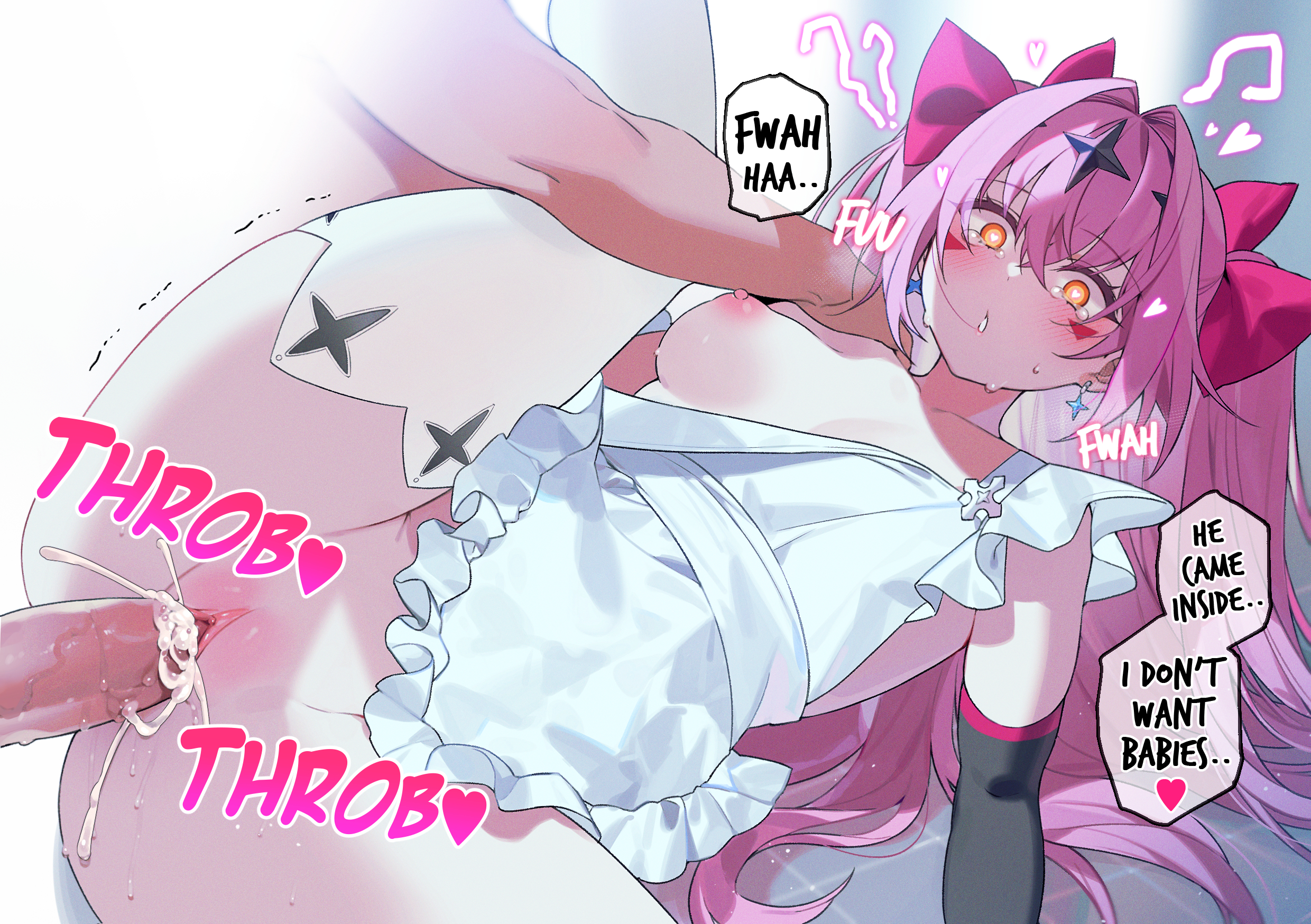 1boy, 1girls, 2d, apron, apron only, bechu, blush, breasts, creampie, cum, cum in pussy, cum inside, dialogue, elbow gloves, english text, female, heart, implied impregnation, impregnation risk, luluca (epic7), male, medium breasts, one breast out, penis, pink hair, pussy, surprised, tagme, tears, text, thighhighs, twintails, unwanted creampie, unwanted cumshot, unwanted impregnation, vaginal, vaginal penetration, yellow eyes