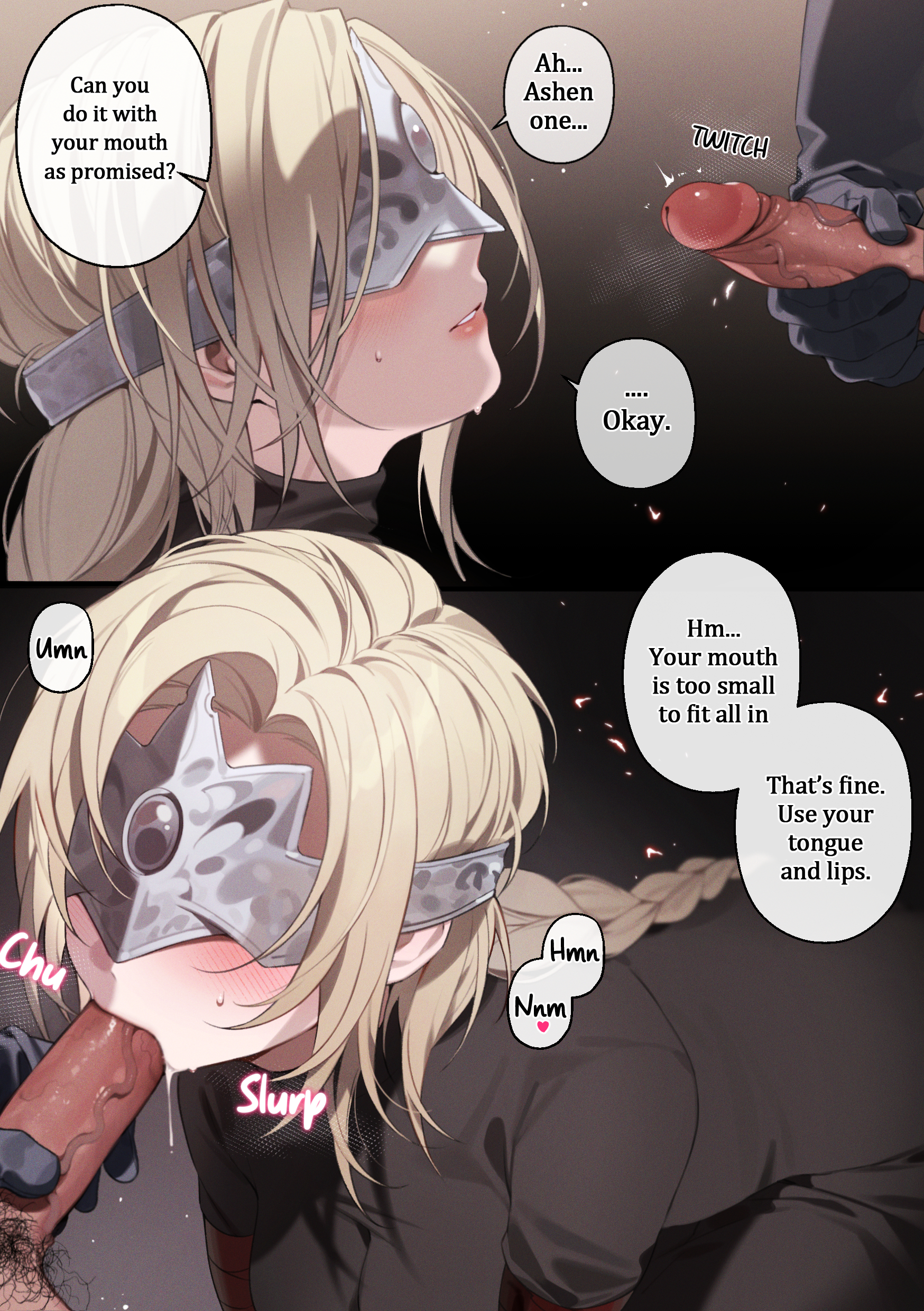 1boy, 2d, ashen one, bechu, blonde hair, blowjob, covered eyes, dark souls, dark souls 3, fellatio, female, fire keeper, male, moaning on cock, on knees, penis, solo focus, straight, tagme, throbbing, twitching