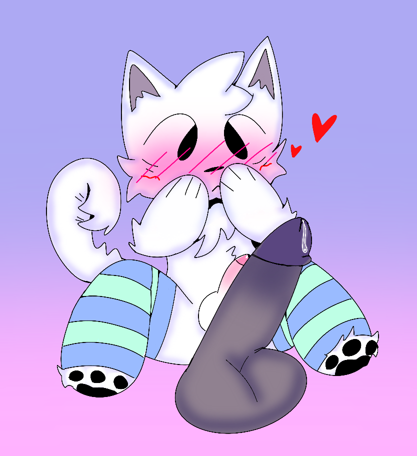 anthro balls berryjuuce blush bodily_fluids boy_kisser_(meme) clothing covering covering_mouth erection fur genital_fluids genitals girly legwear male male/male nude paws penis precum silly_cat_(mauzymice) simple_background solo tail thighhighs white_body white_fur