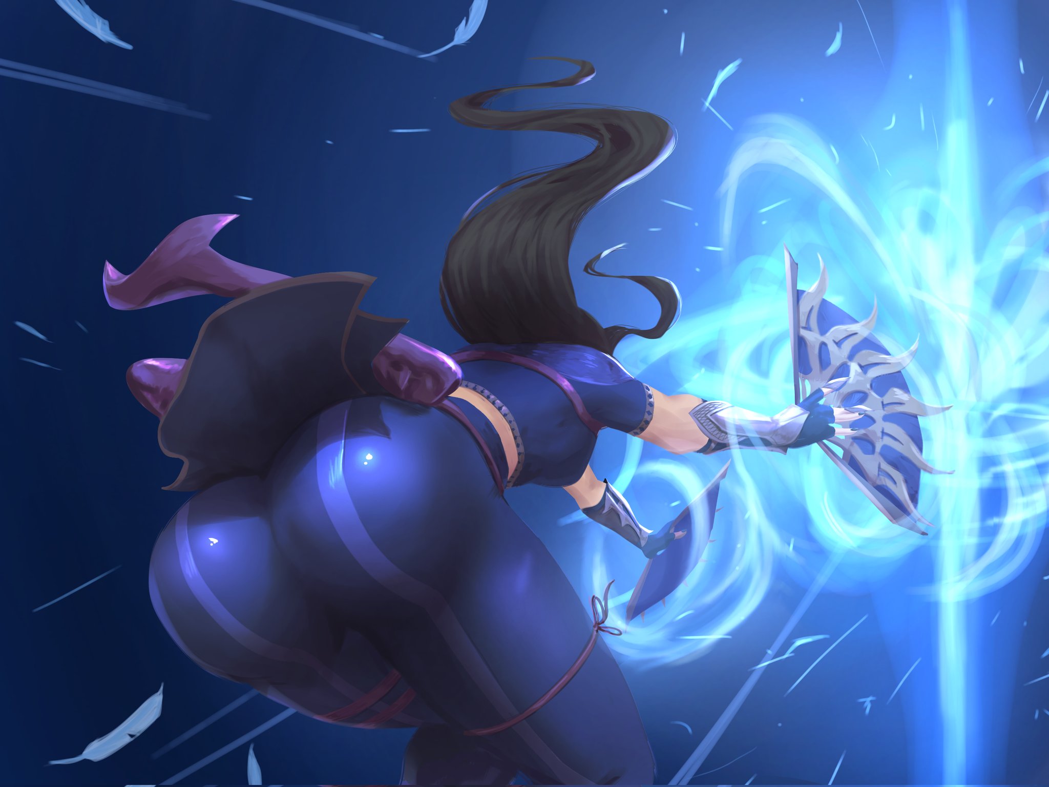 1girls, 2023, 2d, 2d (artwork), action pose, aerokinesis, artist request, ass, ass focus, ass to viewer, assassin, back, back view, bent over, big ass, black hair, blue background, blue clothing, bottom heavy, bubble ass, curvaceous, edenian, feathers, female, female focus, hips, kitana, kitana (new era), leaning forward, legs, long hair, mortal kombat, mortal kombat 1 (2023), perret jonh, powers, presenting, presenting ass, princess, questionable, ribbon, sfw, showing ass, solo, solo female, thick thighs, thighs, tight clothes, tight pants, wind