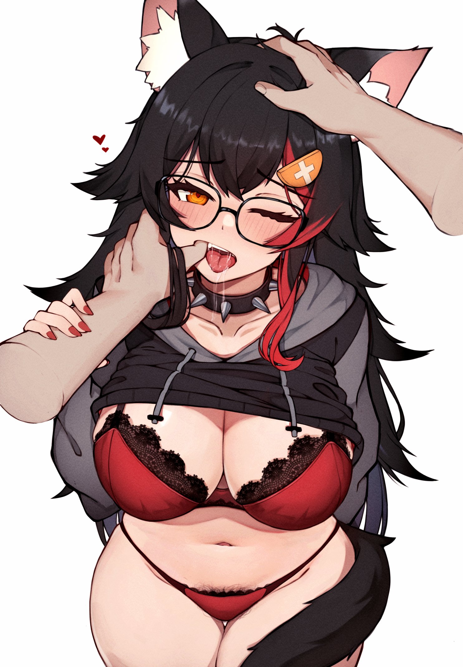 1girls, big breasts, black hair, blush, bra, breasts, clothing, female, hand in mouth, hololive, hololive gamers, hololive japan, kemonomimi, large breasts, legs together, long hair, matching underwear, ookami mio, open mouth, panties, red bra, red panties, shirt, shirt lift, varniskarnis, virtual youtuber, wide hips, wolf ears