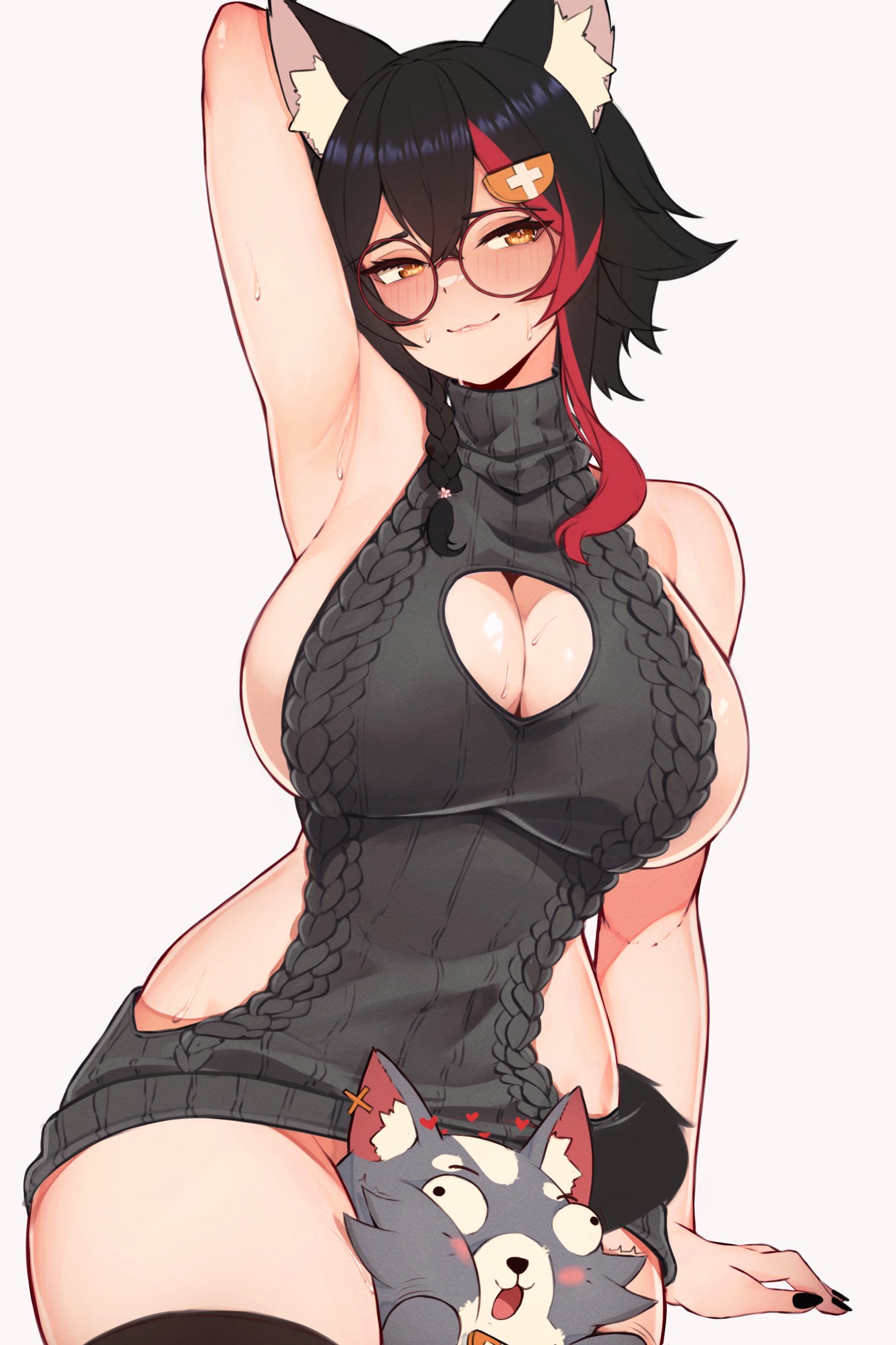 animal ear fluff, animal ears, animal humanoid, animal tail, armpits, arms behind back, bare arms, bare legs, bare shoulders, bare thighs, beauty mark, big breasts, black fur, black hair, blush, blushing, breasts, brown eyes, child bearing hips, female, glasses, hololive, hololive gamers, hololive japan, huge breasts, kemono, kemonomimi, ookami mio, red hair, sideboob, thick thighs, varniskarnis, virgin killer sweater, virtual youtuber, vtuber, wolf, wolf ears, wolf girl, wolf humanoid, wolf tail