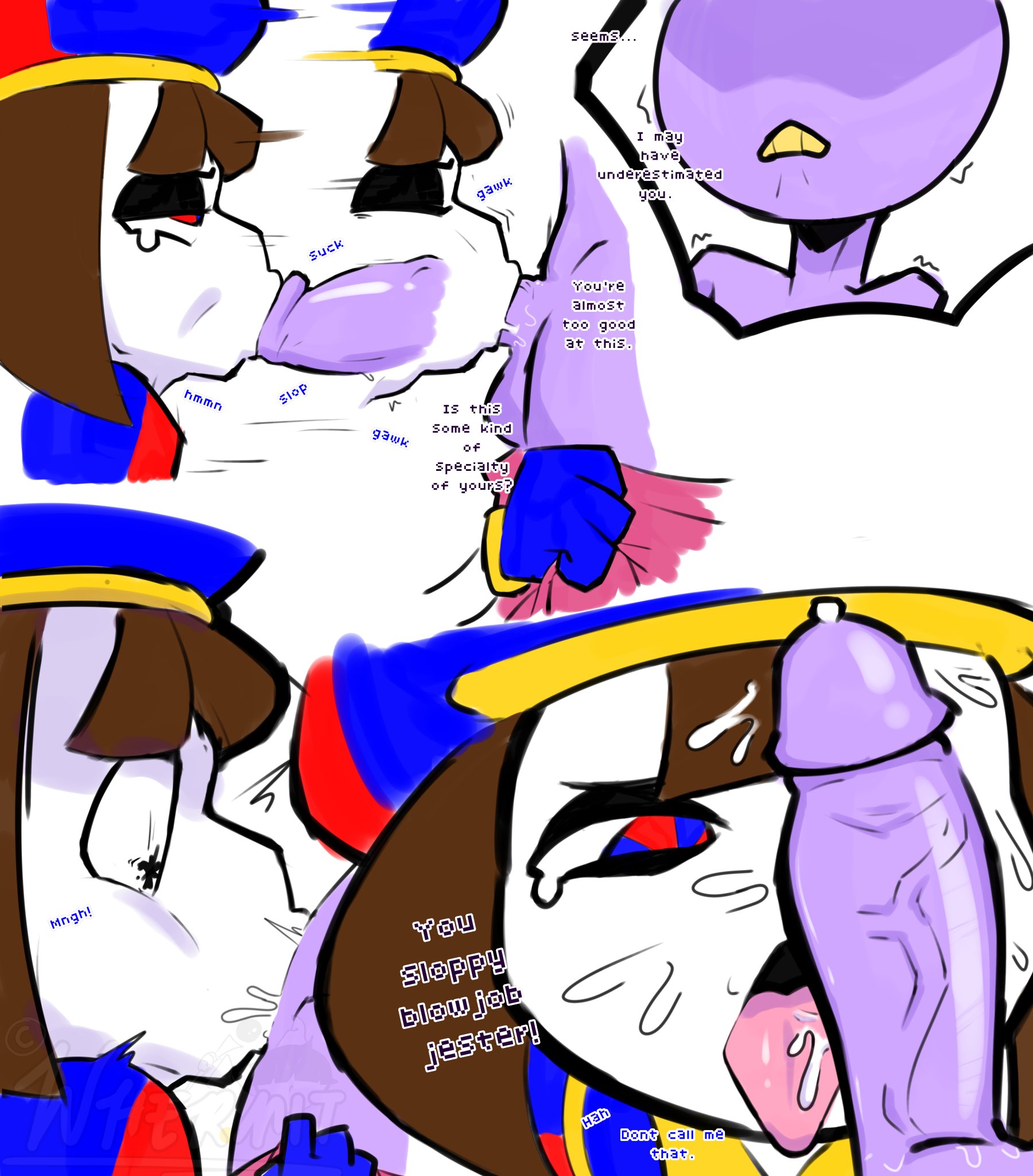 2023, 2d, 2d (artwork), 2d artwork, anthro, blowjob, brown hair, bunny, cum, cum in mouth, cum on face, dialogue, dialogue box, fellatio, female, glitch productions, gloves, gooseworx, hermit (artist), jax (the amazing digital circus), jester, jester costume, jester hat, jester outfit, looking at partner, looking at penis, male, nervous, oral, oral sex, penis, penis in face, pomni (the amazing digital circus), purple body, purple penis, sex, short hair, smaller female, straight, sucking penis, sweat, sweatdrop, sweating, text, the amazing digital circus, tongue, tongue out, whermit, white body