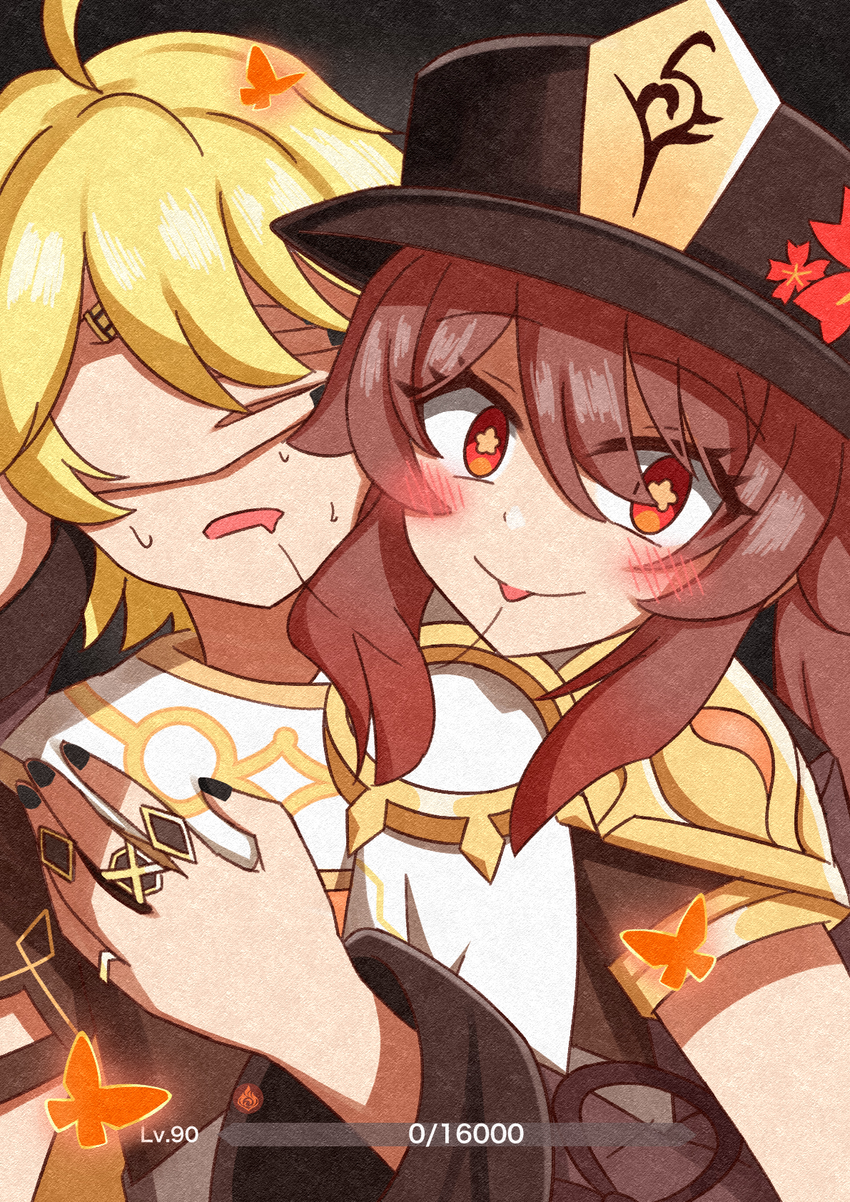 1boy, 1girls, aether (genshin impact), after kiss, artist request, color, drawing, female, from behind, genshin impact, holding, hu tao (genshin impact), male, mihoyo, saliva, saliva trail, tongue, tongue out