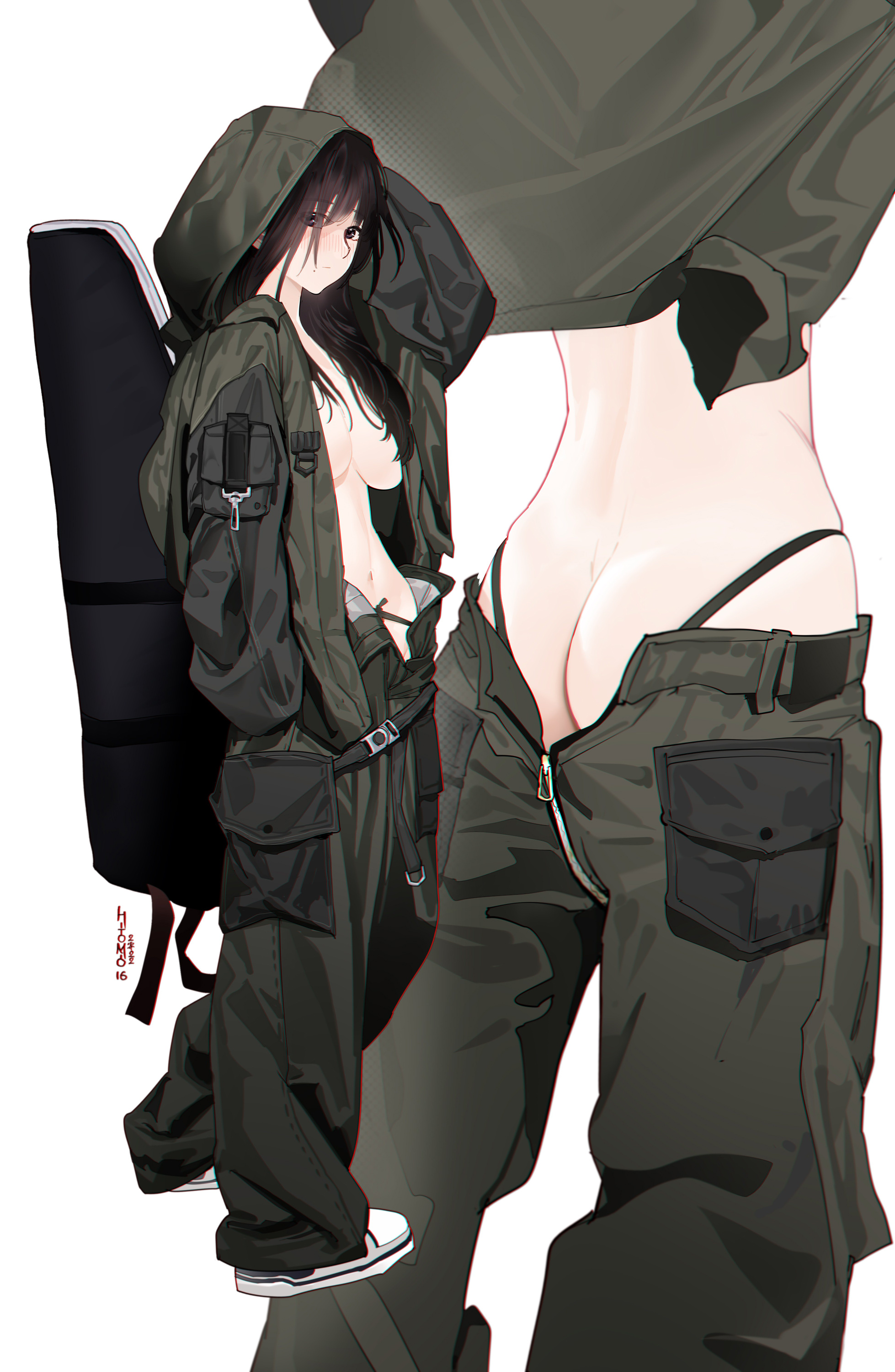 1girls, breasts, female, hitomi o, hooded jacket, no bra, oversized clothes, posterior cleavage, solo, standing