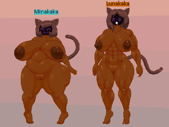 abs animal_humanoid areola ass athletic athletic_female belly big_breasts big_butt big_nipples bodily_fluids breasts brown_body brown_skin cat_humanoid closed_eyes dark_body dark_skin drooling duo fecharis felid felid_humanoid feline feline_humanoid female hair huge_breasts humanoid lunakaka_(spinneborg) mammal mammal_humanoid minakaka_(spinneborg) muscular muscular_female nipples nude overweight overweight_female saliva spinneborg standing thick_thighs